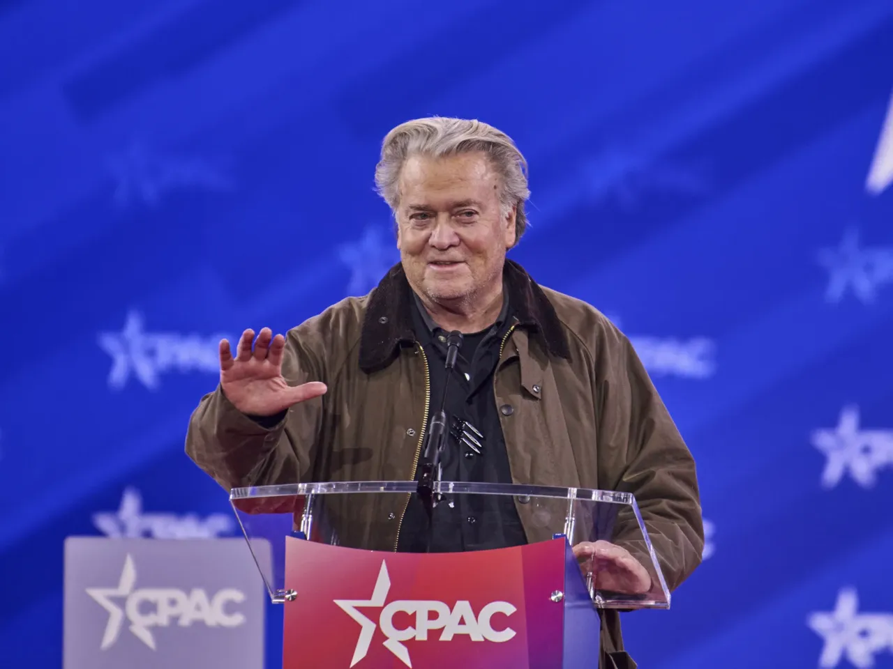Former Trump advisor Steve Bannon, speaks at the Conservative Political Action Conference in Oxon Hill, MD on on Feb. 20, 2025. Bannon delivered the same straight-arm salute that Musk had the month before.