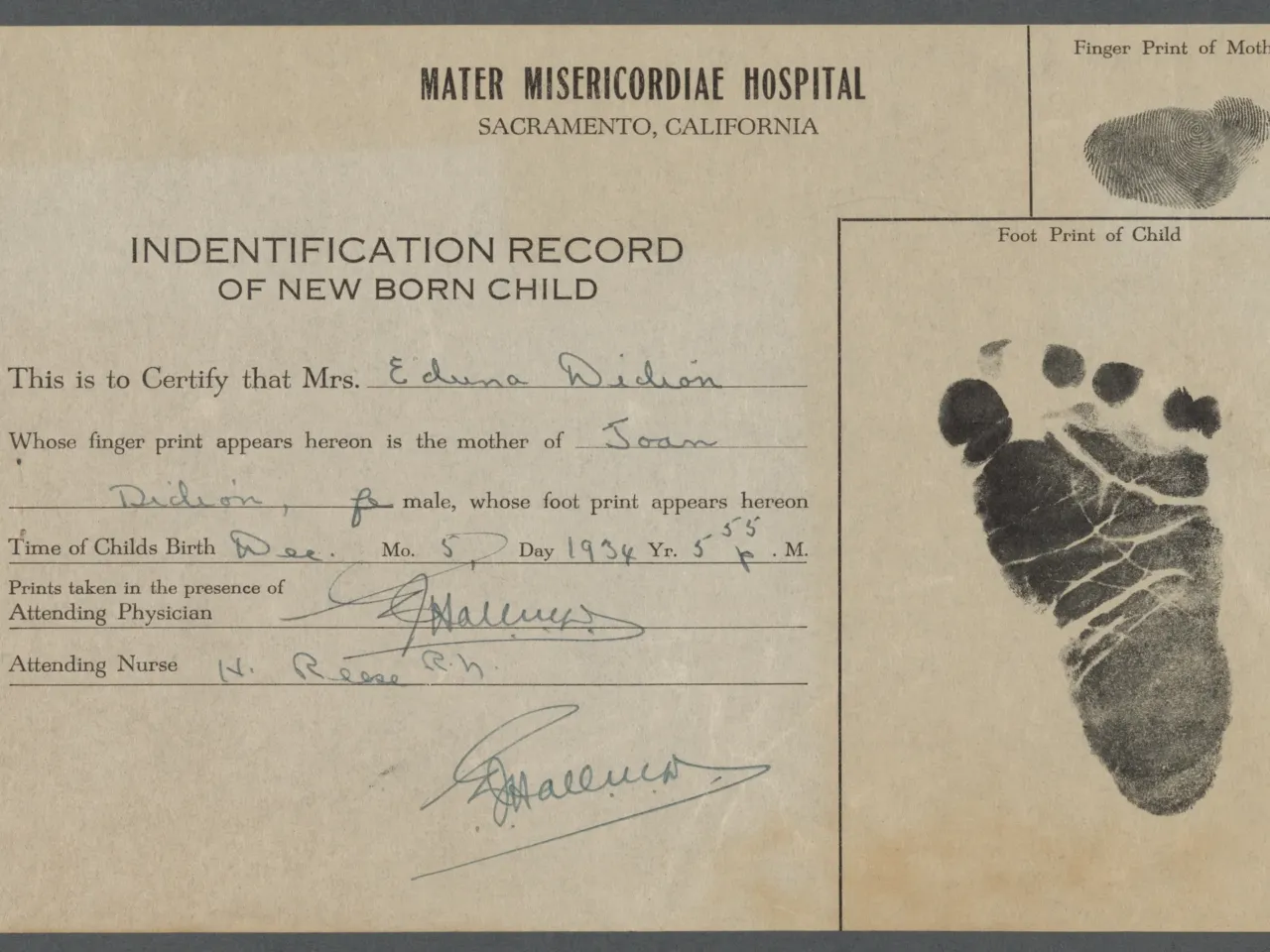 A glimpse into the newly opened archive of Joan Didion and John Gregory Dunne 1 Mater Misericordiae Hospital, birth record for Joan Didion, Dec. 5, 1934.