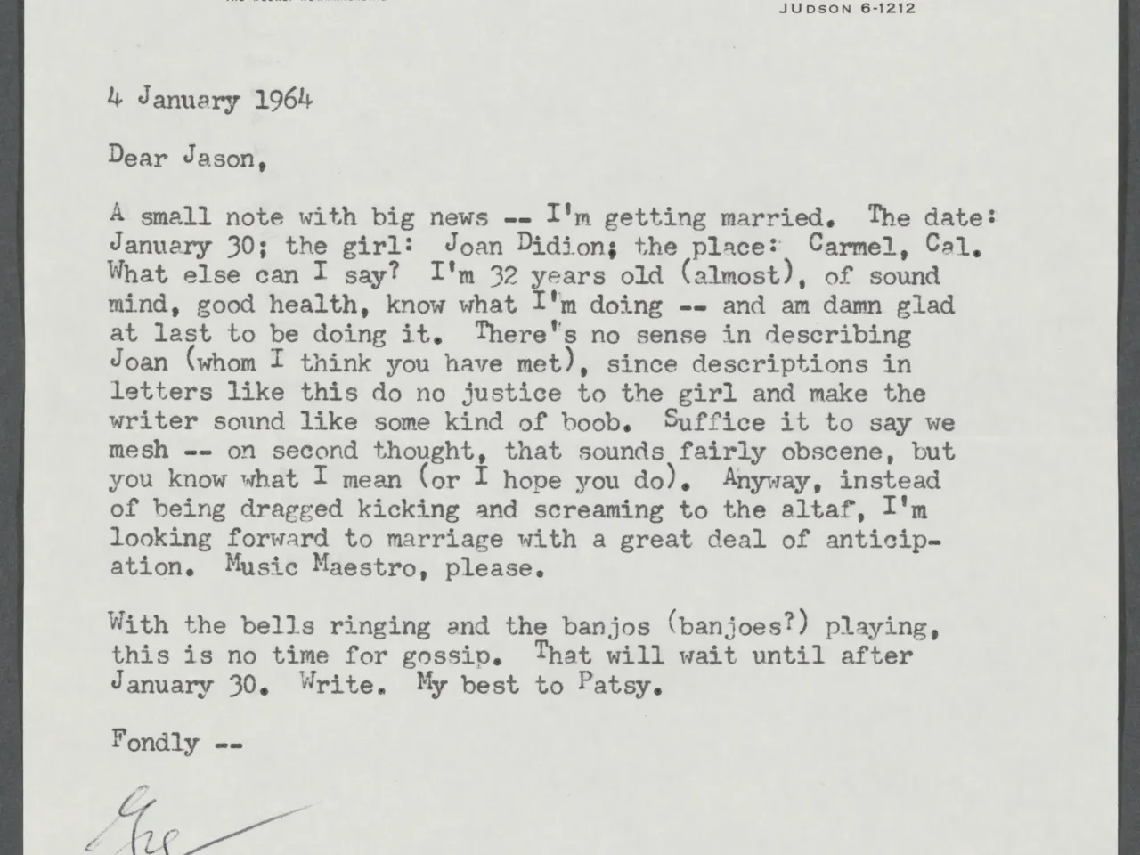 A glimpse into the newly opened archive of Joan Didion and John Gregory Dunne 2 John Gregory Dunne (1932–2003), his letter to Jason McManus, Time magazine, Jan. 4, 1964.