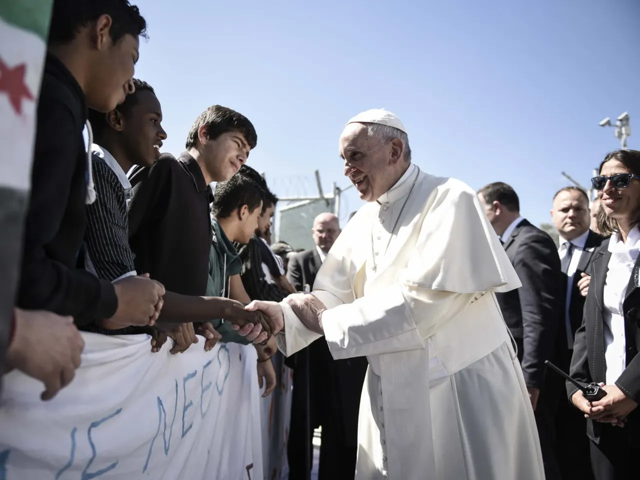 In this handout image provided by Greek Prime Minister's Office, Pope Francis meets migrants at the Moria detention centre on April 16, 2016 in Mytilene, Lesbos, Greece.
