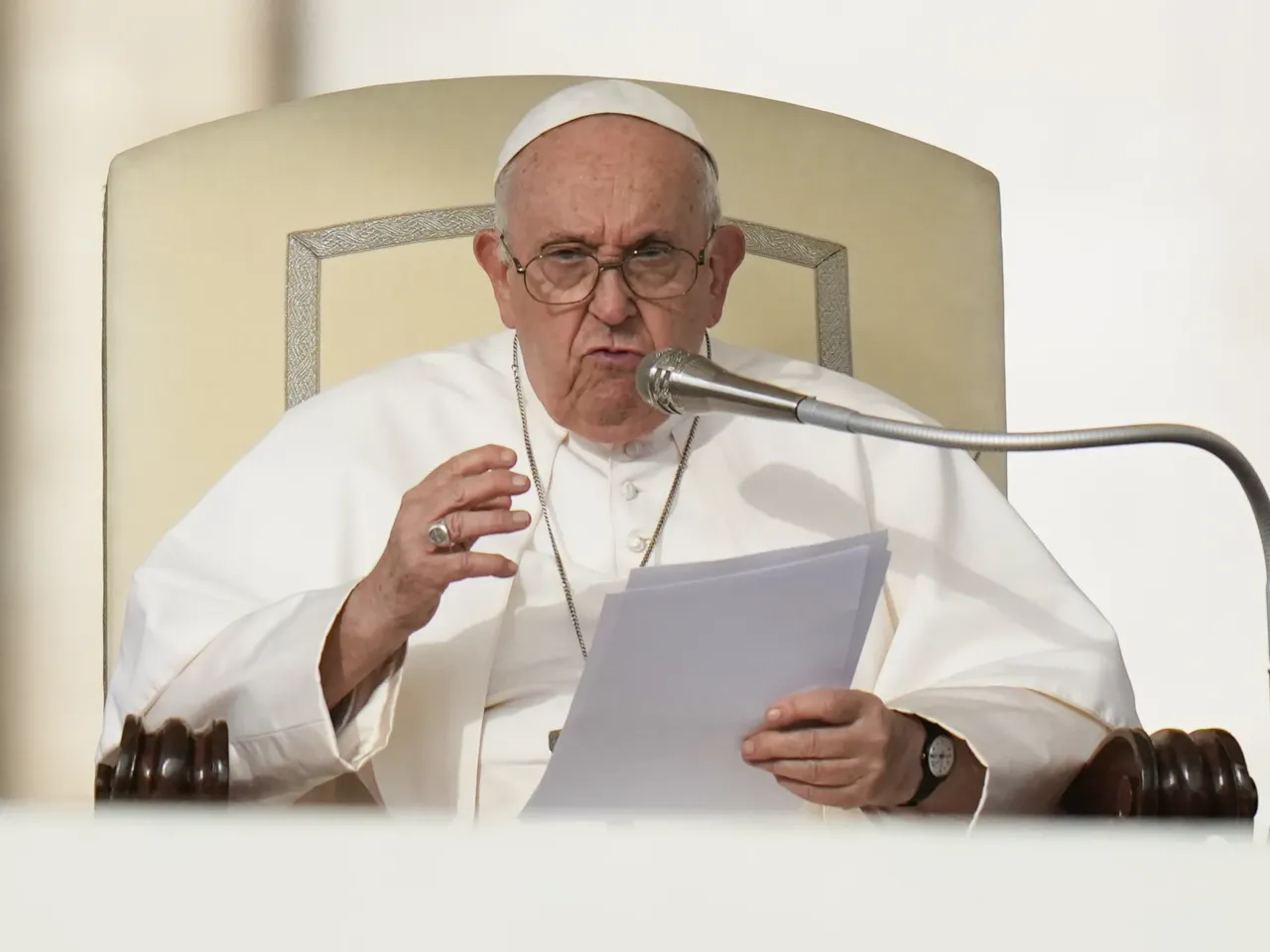 Pope Francis speaks during his weekly general audience in St. Peter's Square at The Vatican, on Oct. 18, 2023.