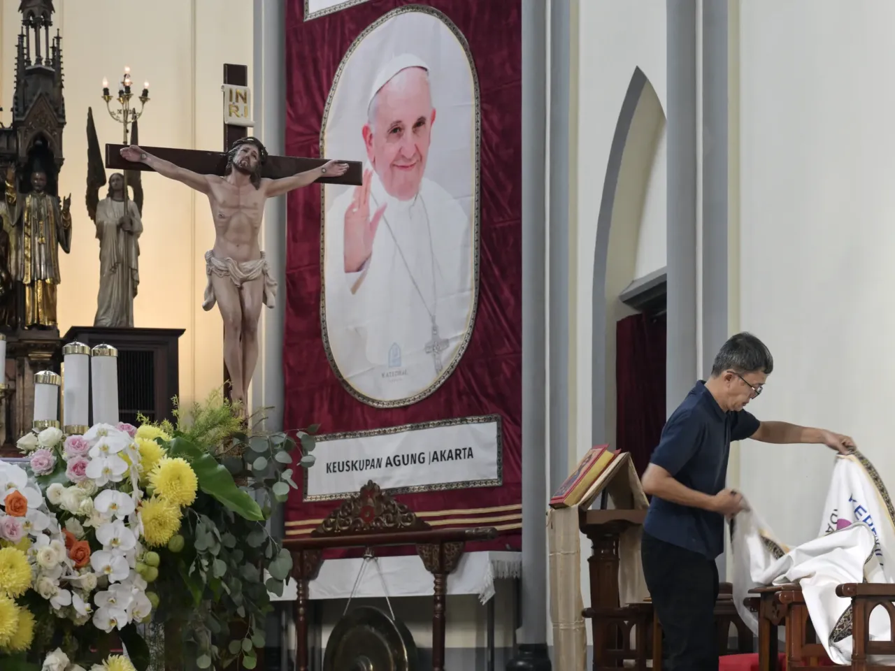 A portrait of Pope Francis is seen at the cathedral in Jakarta on Monday.