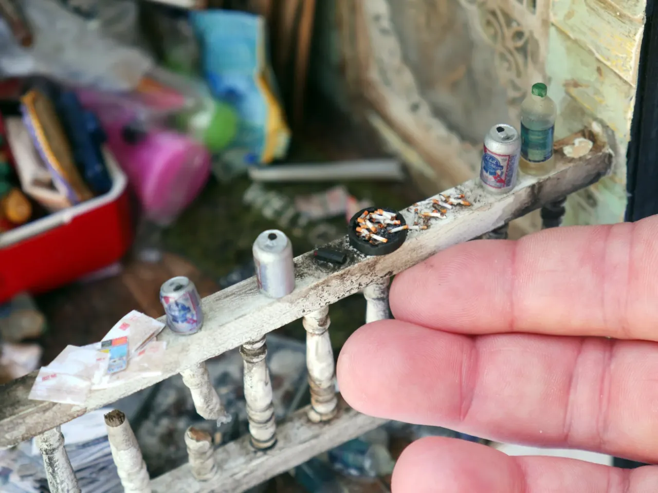 This photo shows the detail of Amanda Kelly's artwork Hoarder's Porch.