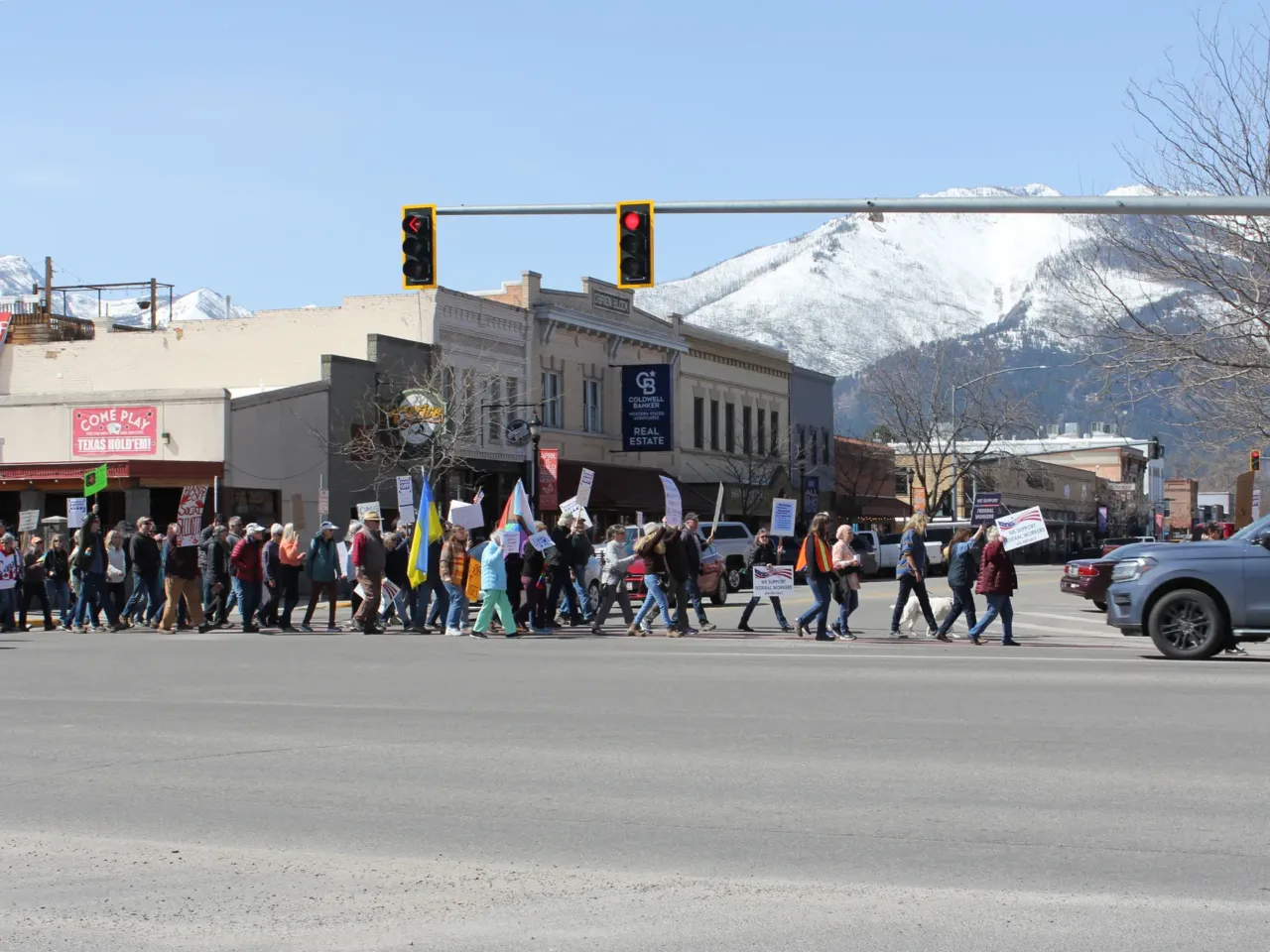 Some residents of Hamilton, Mont., in April protest efforts to restructure the nation's government. Federal scientific research and forestry work are part of this small town's economic bedrock.