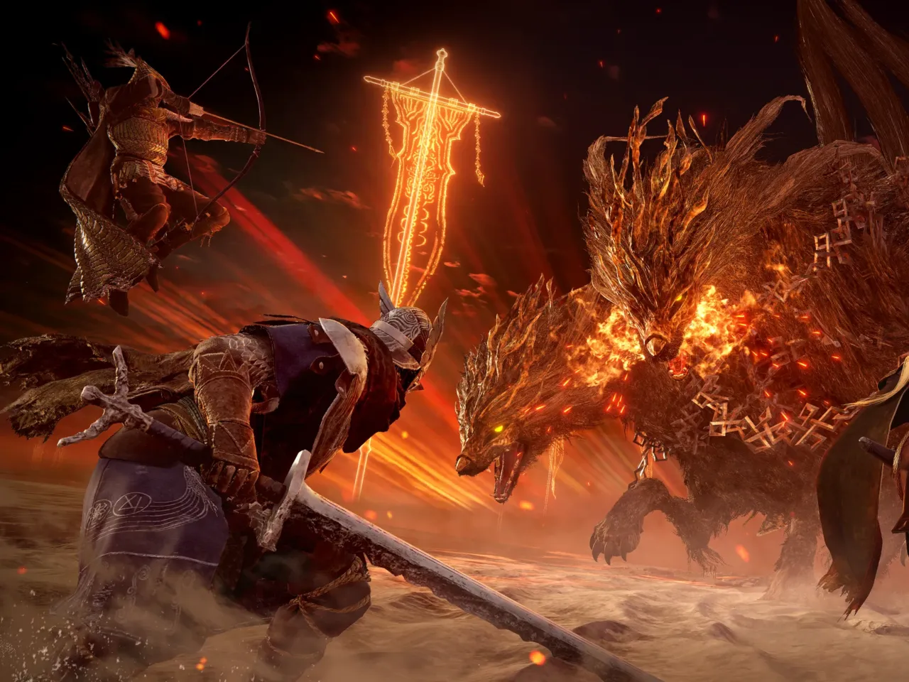 The "Ironeye," "Wylder," and "Duchess" characters confront the game's first Cerberus-like Nightlord.