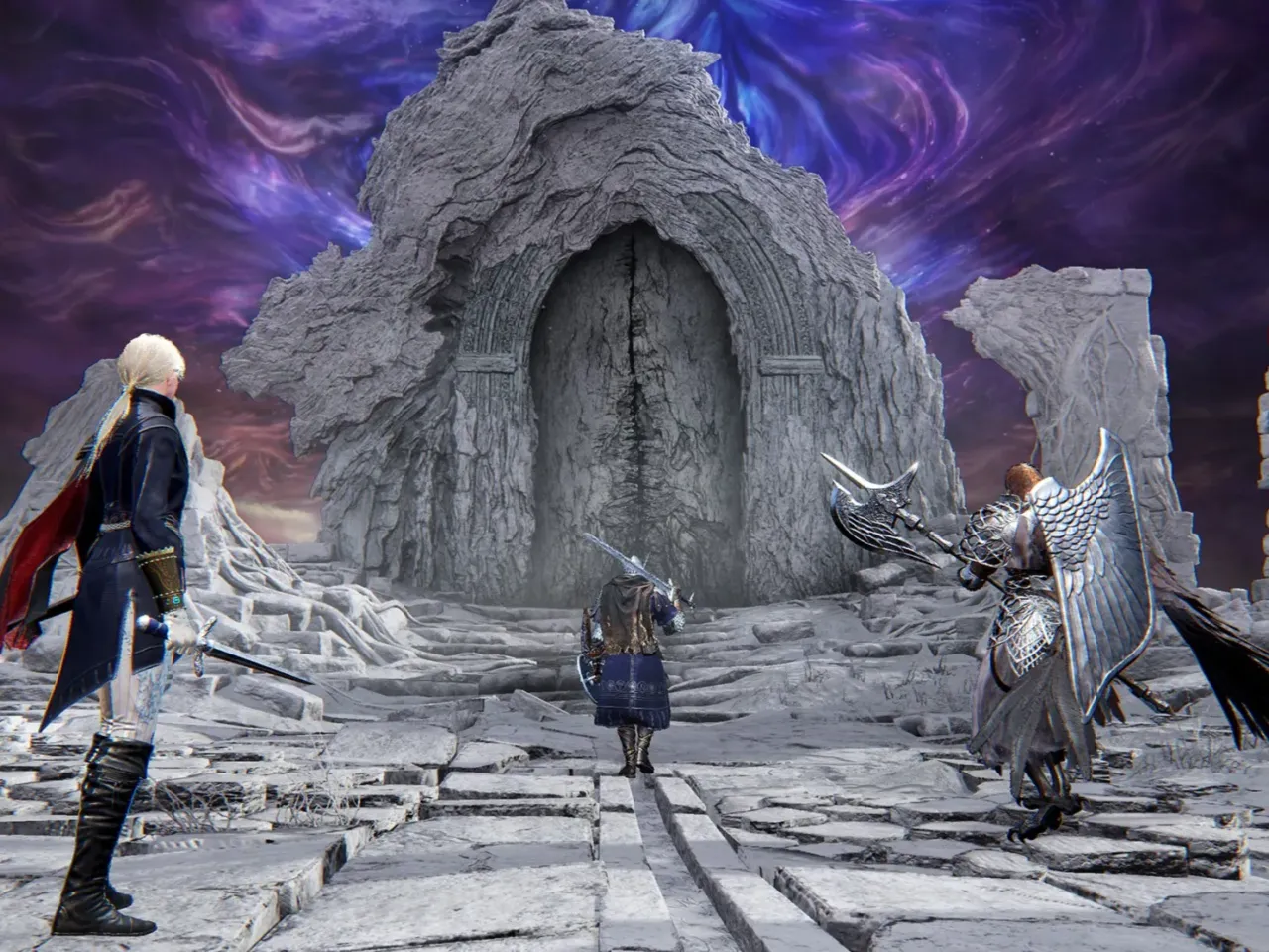 Three heroes face a door to the final boss at the end of a Nightreign run.