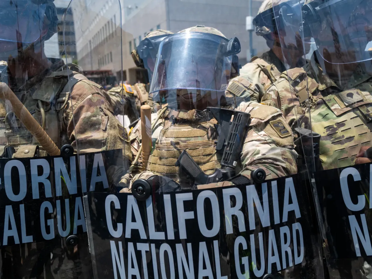 California National Guardsmen outside a downtown jail in Los Angeles on June 08 in Los Angeles, California.