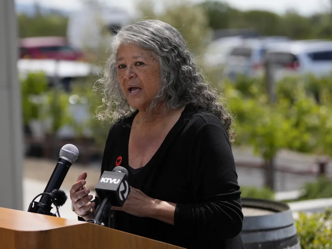 Teresa Romero, president of United Farm Workers, speaks at a news conference at Balletto Vineyards in Santa Rosa, Calif., Friday, April 26, 2024.