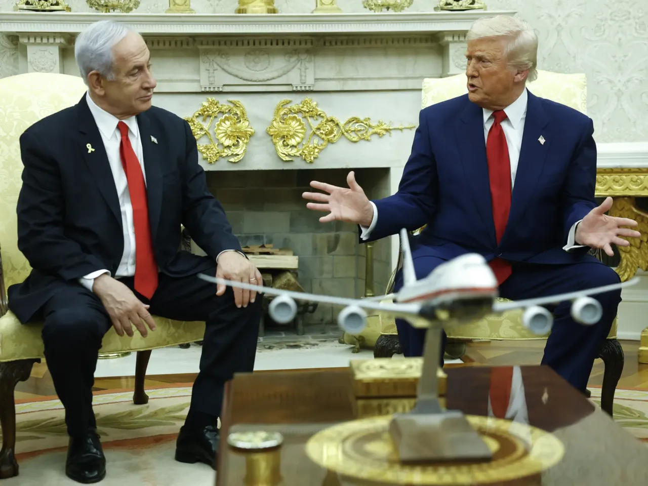 President Donald Trump speaks alongside Israeli Prime Minister Benjamin Netanyahu during a meeting in the Oval Office of the White House on April 7, 2025, in Washington, D.C. Netanyahu and Trump are to meet again on Monday.