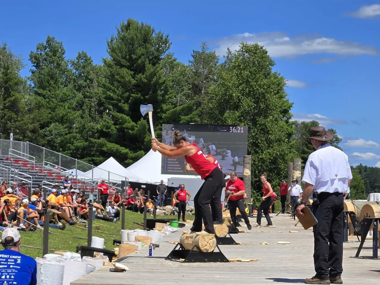 Hit the road, Jack! Lumberjills chip their way into timber sports 2 In the underhand chop event, 6 athletes race to be the first to hack through their log.