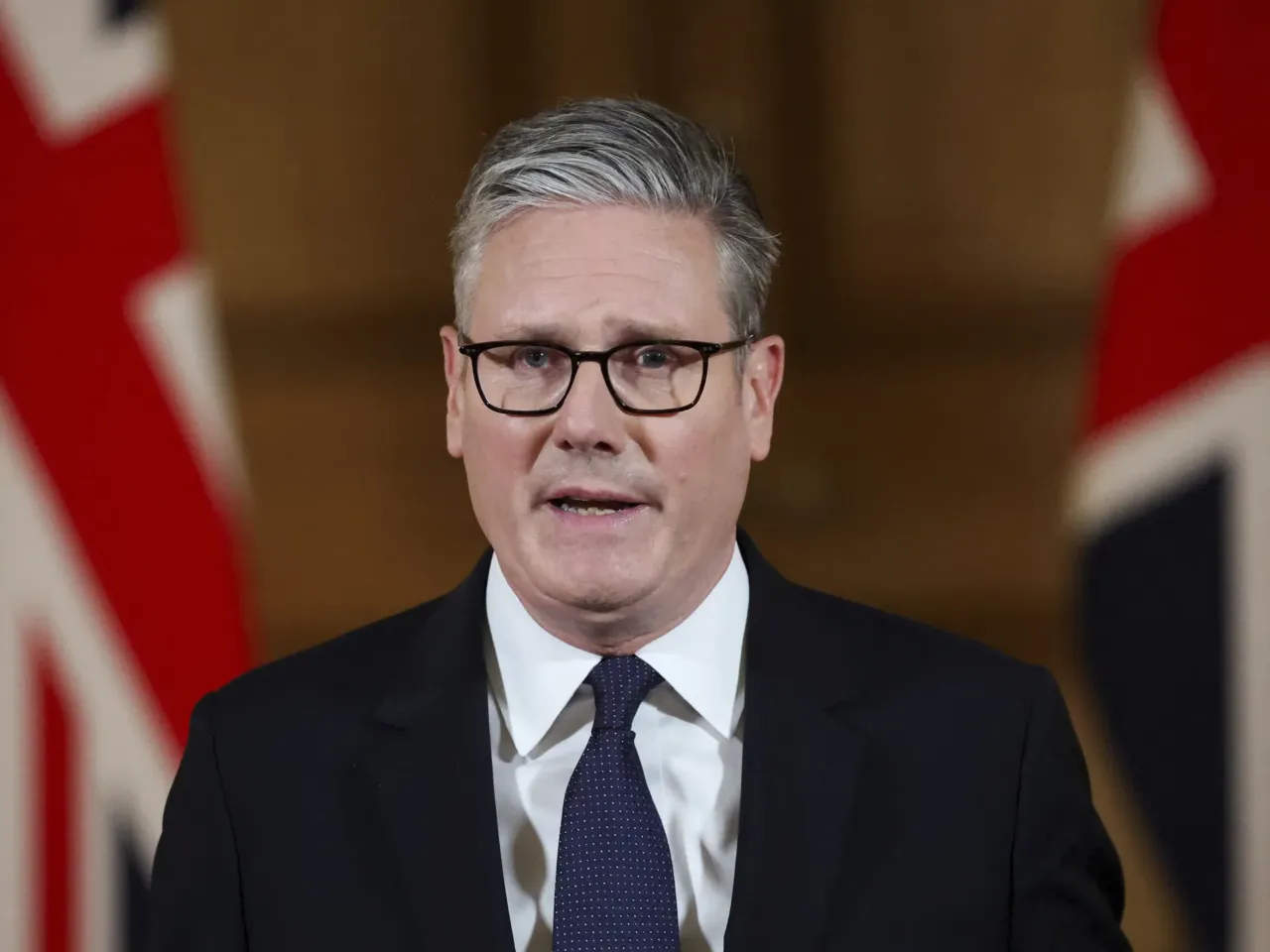British Prime Minister Keir Starmer delivers a statement inside No. 10 Downing Street on the day the Cabinet was recalled to discuss the situation in Gaza, in London, Tuesday.