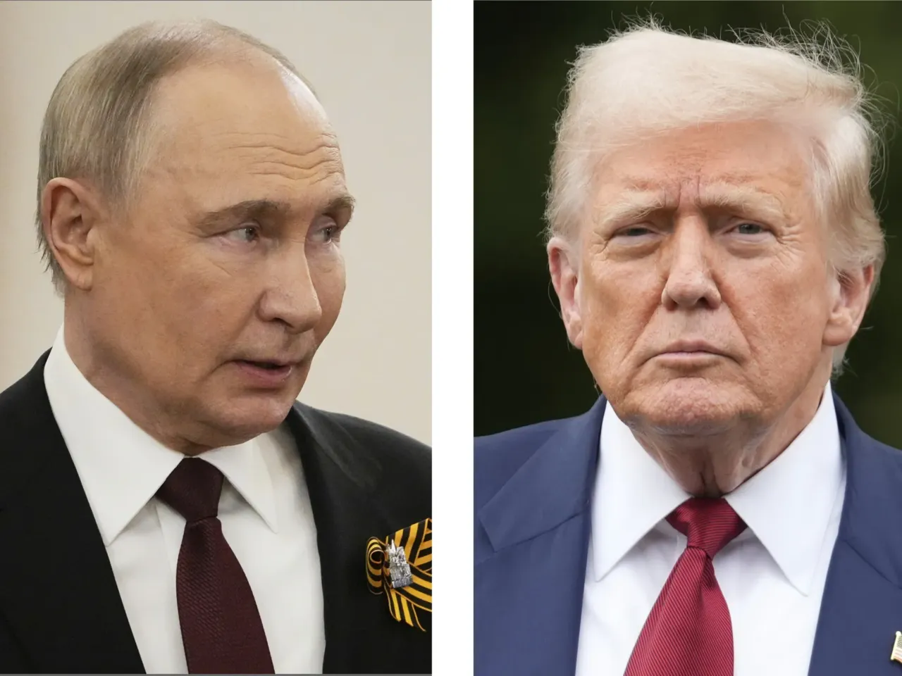 This combination of photos shows Russian President Vladimir Putin (left) in Moscow on May 9, and President Trump in Washington on Aug. 1.