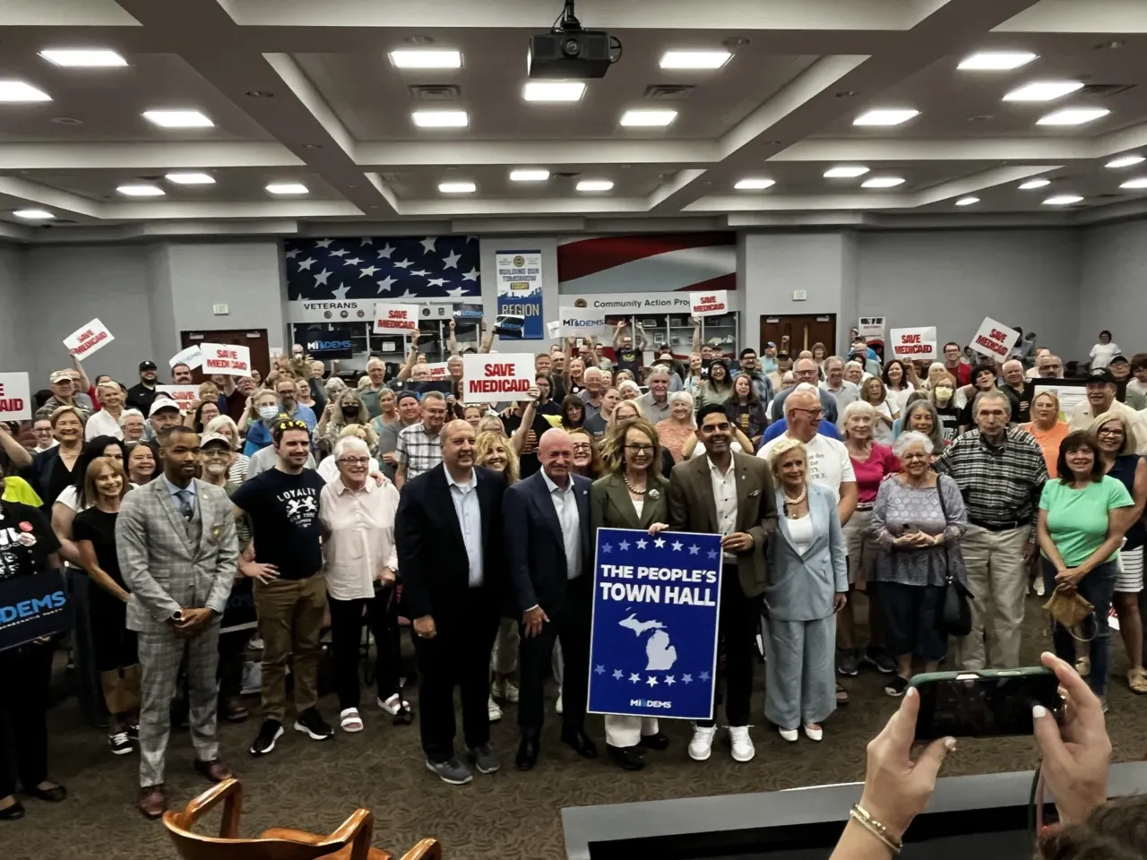 A year ahead of the midterms, Medicaid cuts take center stage in Michigan 1 U.S. Sen. Mark Kelly, D-Ariz., and his wife, former U.S. Rep. Gabby Giffords, appear at a Democratic town hall event in Macomb County, Michigan.