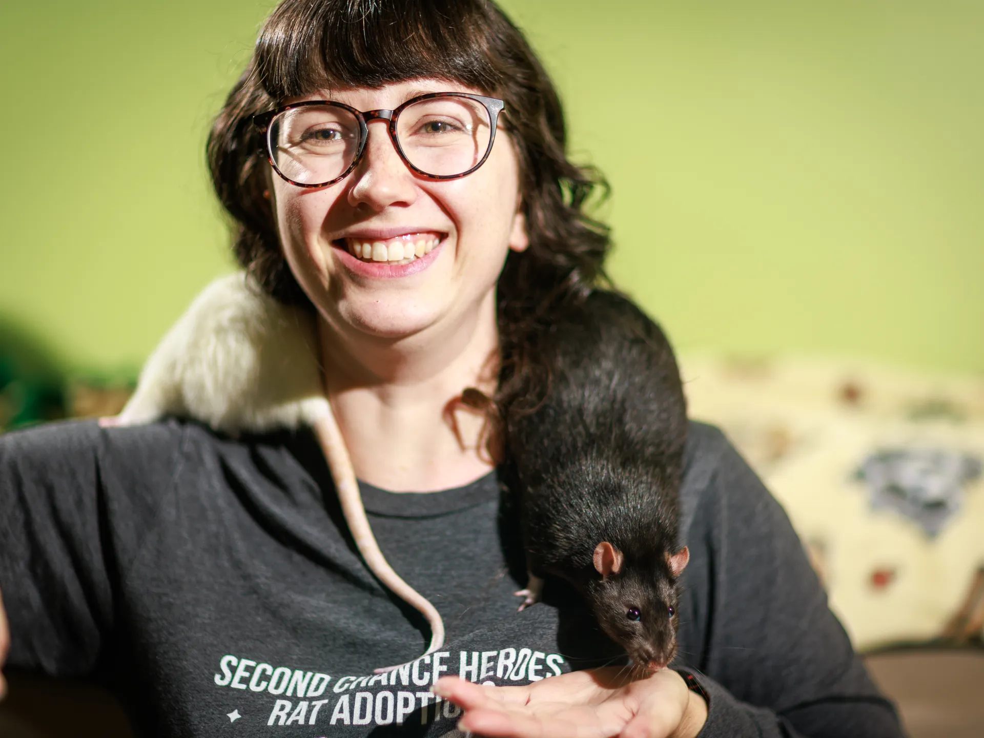 Second Chance Heroes gives former lab rats another life 4 Lena Maurer, an adoption coordinator for Second Chance Heroes, is photographed with with her pet rats, Benny, dark colored, and Maisy, on Wednesday, June 25, 2025 at her home in Richmond, Virginia.