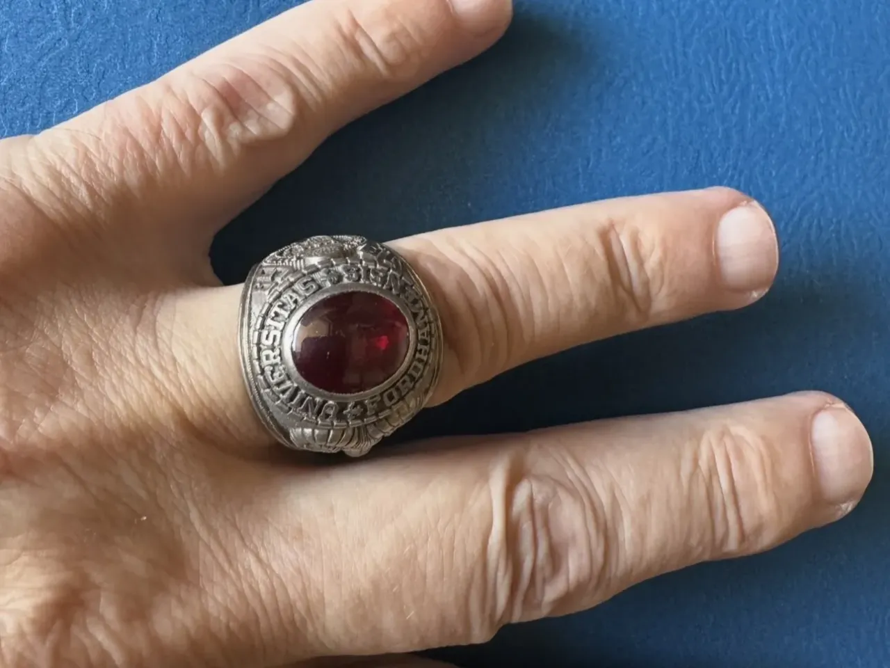 A Texas man is reunited with the class ring he lost 56 years ago 1 A closer look at Al DiStefano's Fordham University class ring.
