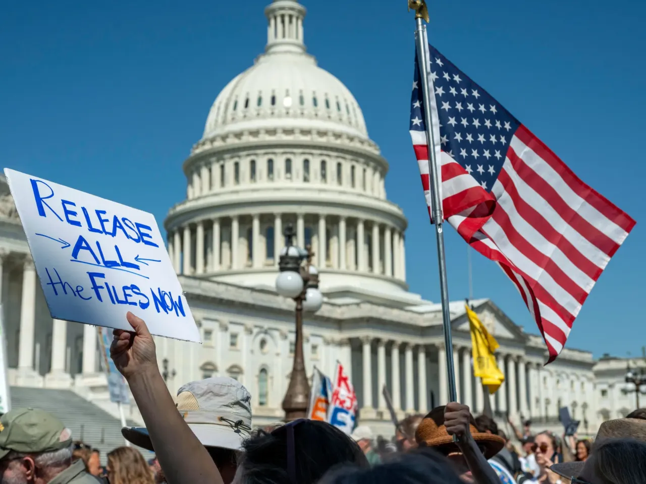 Protesters rally at a news conference calling for Congress to release all of the Jeffrey Epstein files, outside the U.S. Capitol, Wednesday, Sept. 3, in Washington.