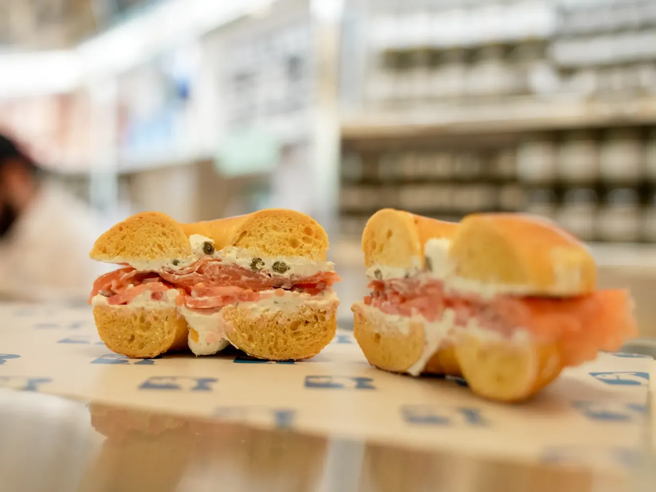 The iconic lox bagel — a "Classic with the Works" — prepared at Russ & Daughters.