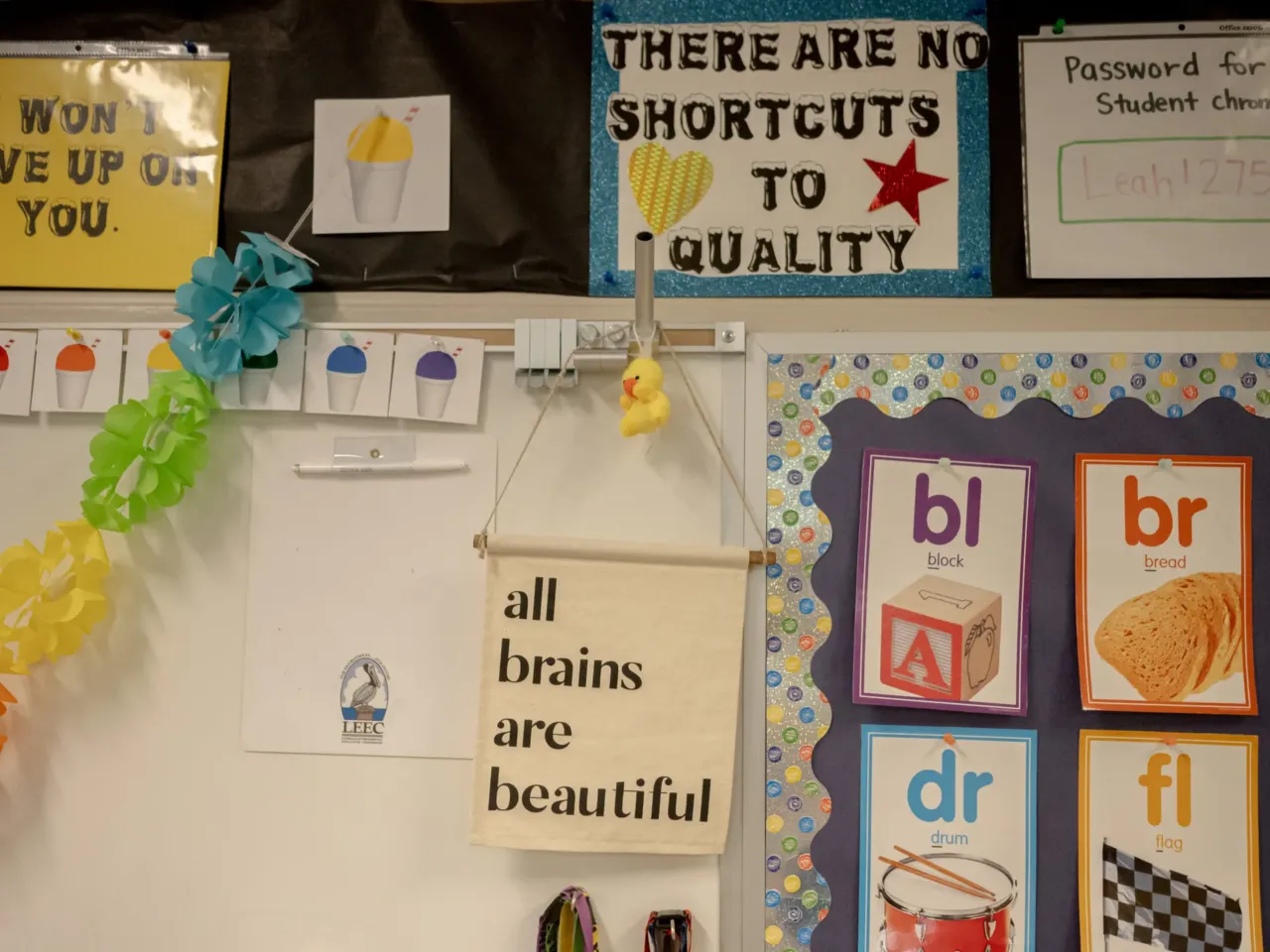 Inspirational messages are posted around Jewett's classroom.