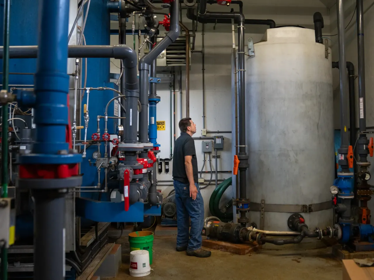 Chris Hughes, assistant water and wastewater operator for the towns of Cavendish and Proctorsville in Vermont, deals with the effects of a power outage at a drinking water facility.