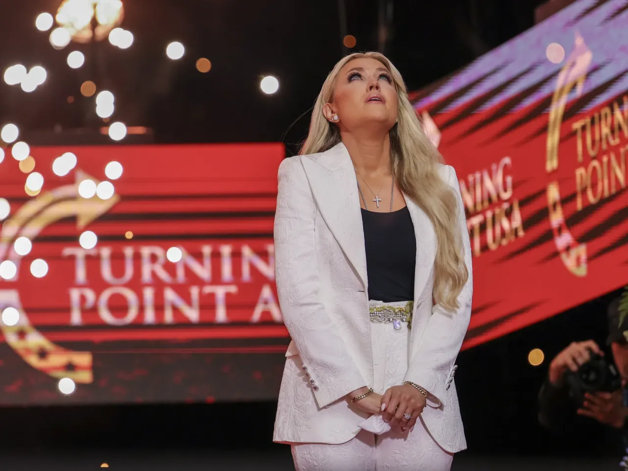 Erika Kirk appears onstage during the memorial service for her husband, conservative political activist Charlie Kirk.