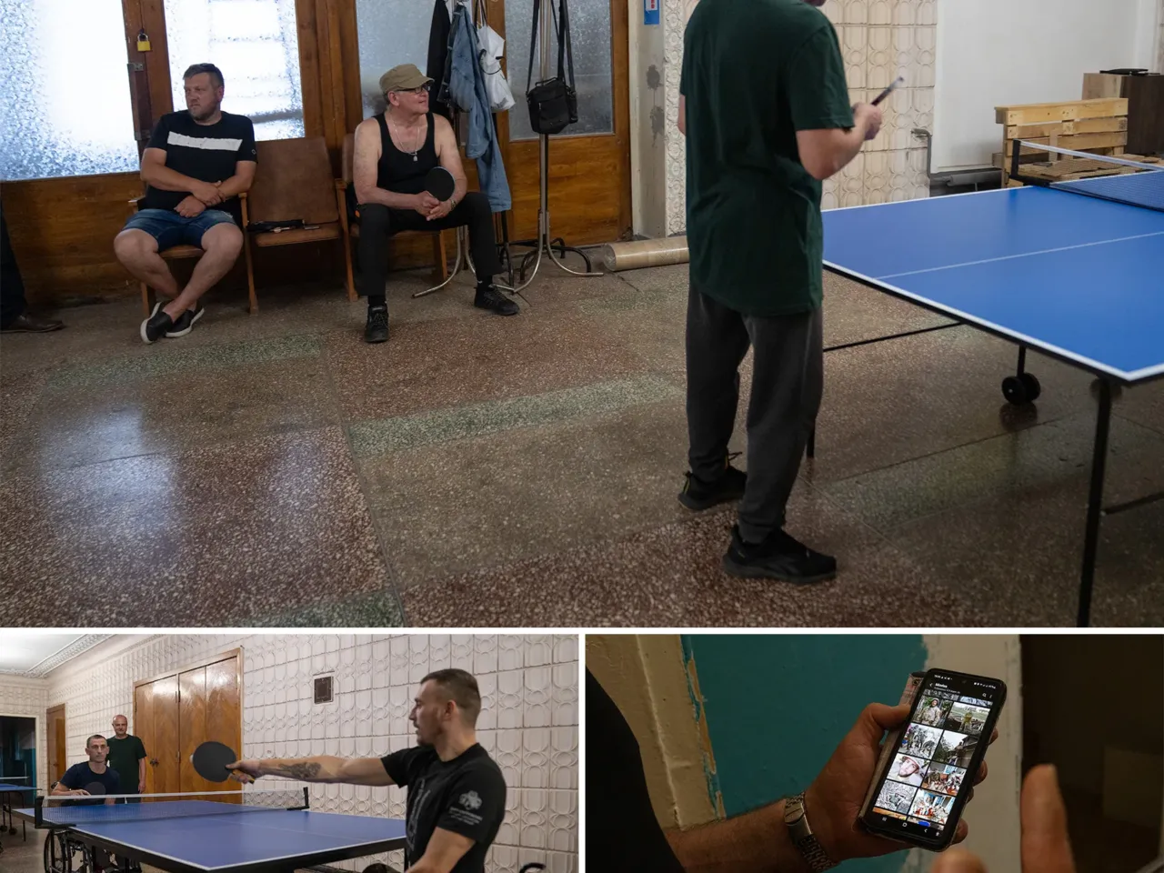 How to reintegrate over a million veterans? Groups in Ukraine are working on it 10 Top: Andriy Melnykov (center) sits at a gathering of veterans who play table tennis together in Samar. Bottom left: Two veterans with disabilities play. Right: Melnykov shows photos of his time in the military and the friends he has there, many of whom are still serving.