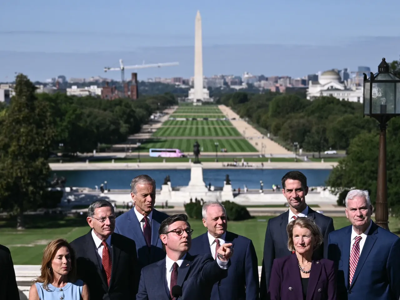 House Speaker Mike Johnson, R-La., and Senate Majority Leader John Thune, R-S.D., held a press conference outside the Capitol on Wednesday morning, the first day of a government shutdown.