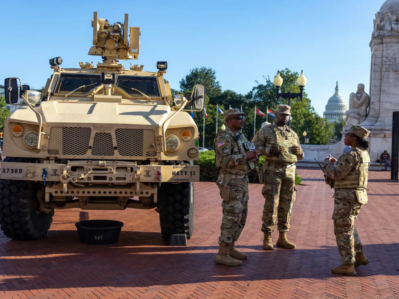 National Guard Troops stand outside Union Station on September 01, 2025 in Washington, DC.