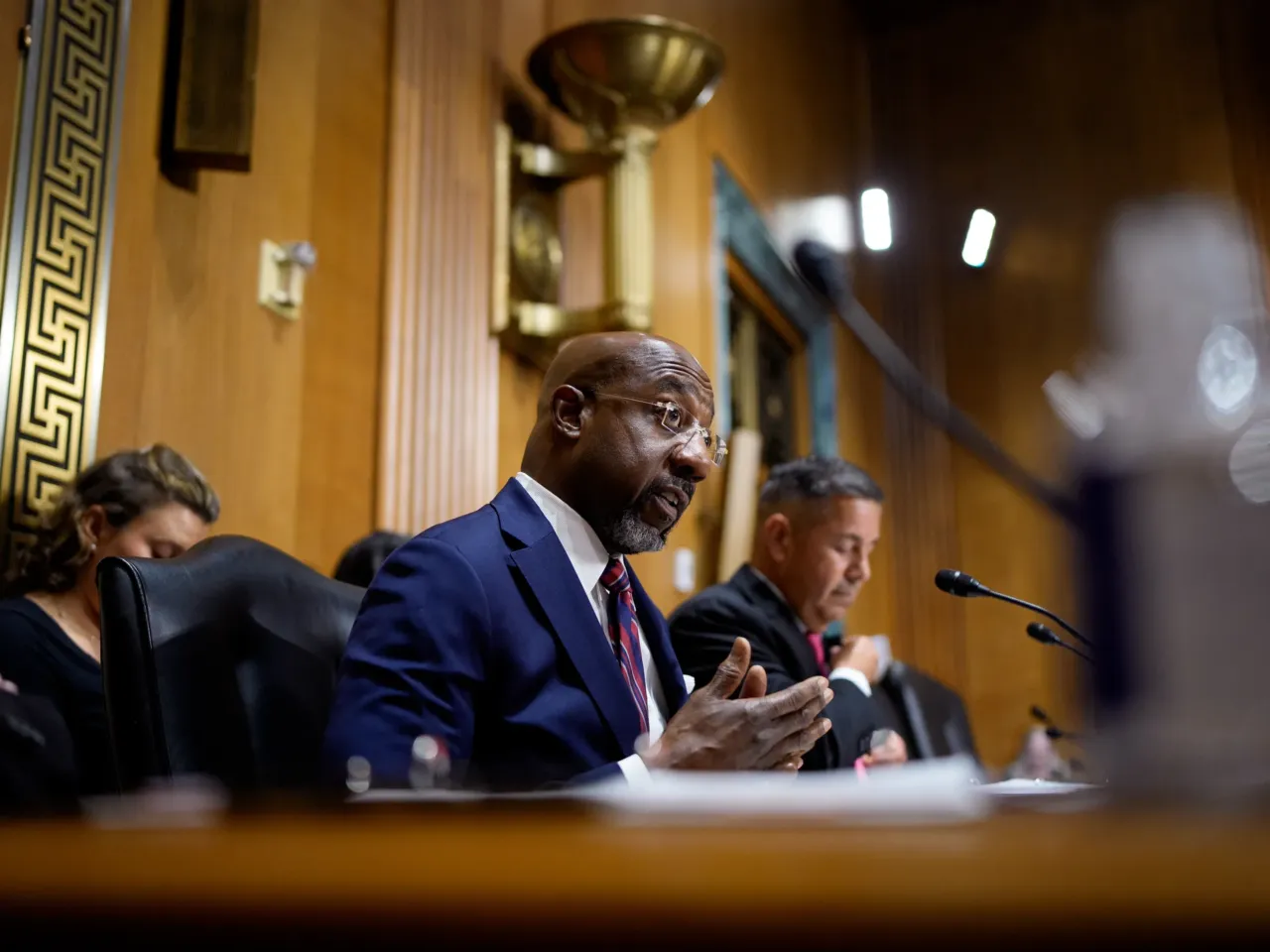 Sen. Raphael Warnock, D-Ga., speaks as Health and Human Services Secretary Robert Kennedy Jr. appears before a Senate Finance Committee hearing at the Dirksen Senate Office Building on September 04 in Washington, D.C.
