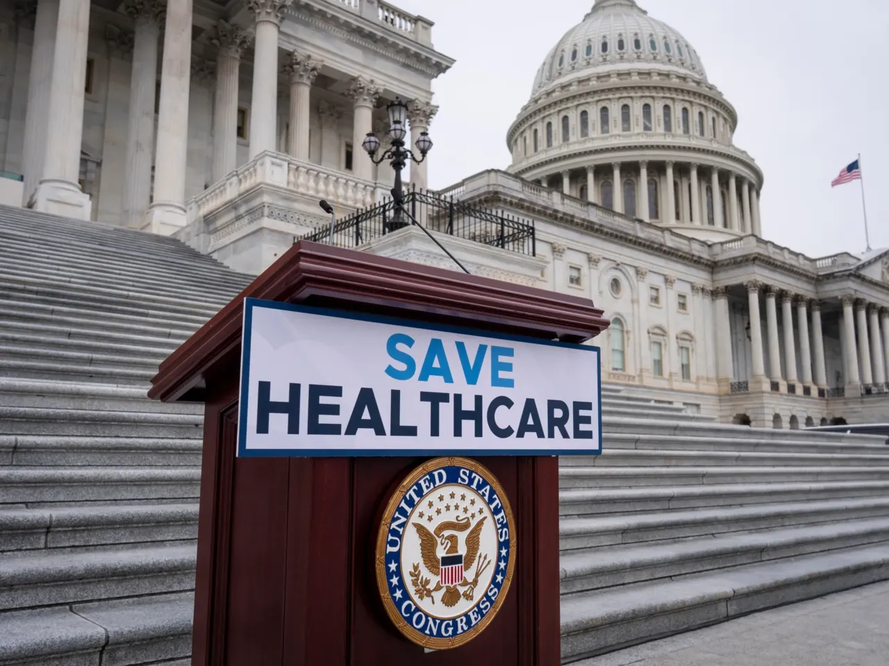 House Democrats prepare to speak on the steps of the Capitol to insist that Republicans include an extension of expiring health care benefits as part of a government funding compromise, in Washington, Tuesday, Sept. 30.