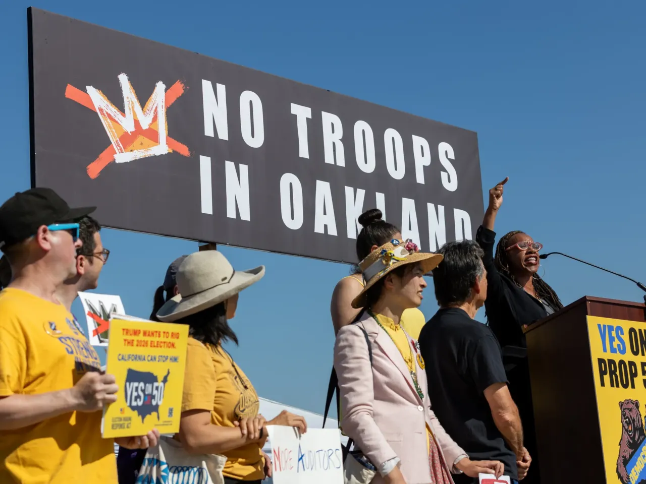 Rep. Lateefah Simon speaks during the No Kings National Day of Action at Lake Merritt in Oakland, Calif. on Oct. 18, 2025.