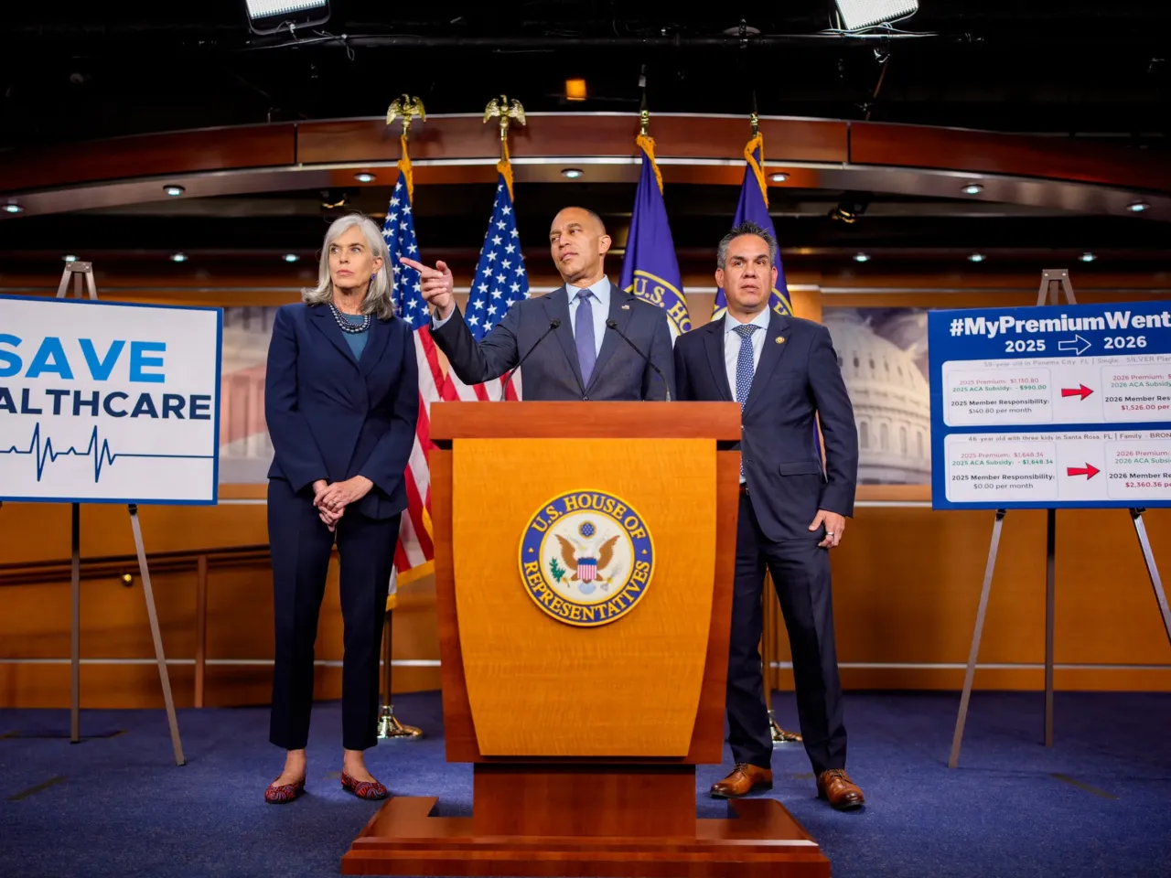 The federal government is still shut down. Here's what that means across the country 2 House Minority Leader Hakeem Jeffries (D-N.Y.), joined by House Minority Whip Katherine Clark (D-Mass.) (L) and House Democratic Conference Chair Rep. Pete Aguilar (R), speaks at a news conference on Capitol Hill on Oct. 22, 2025 in Washington, D.C.
