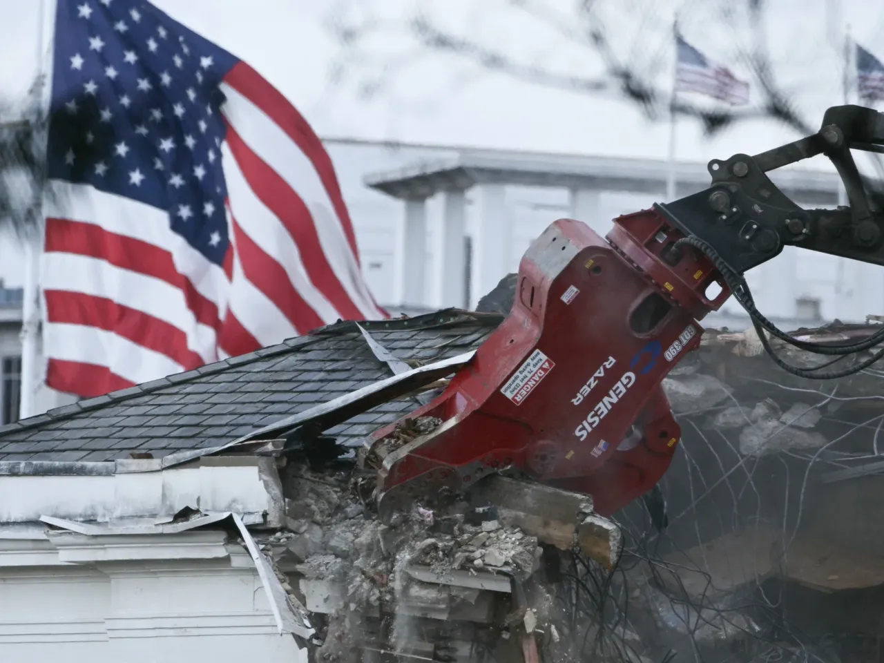 A section of the East Wing of the White House getting torn down in Washington, DC, on October 22, 2025.