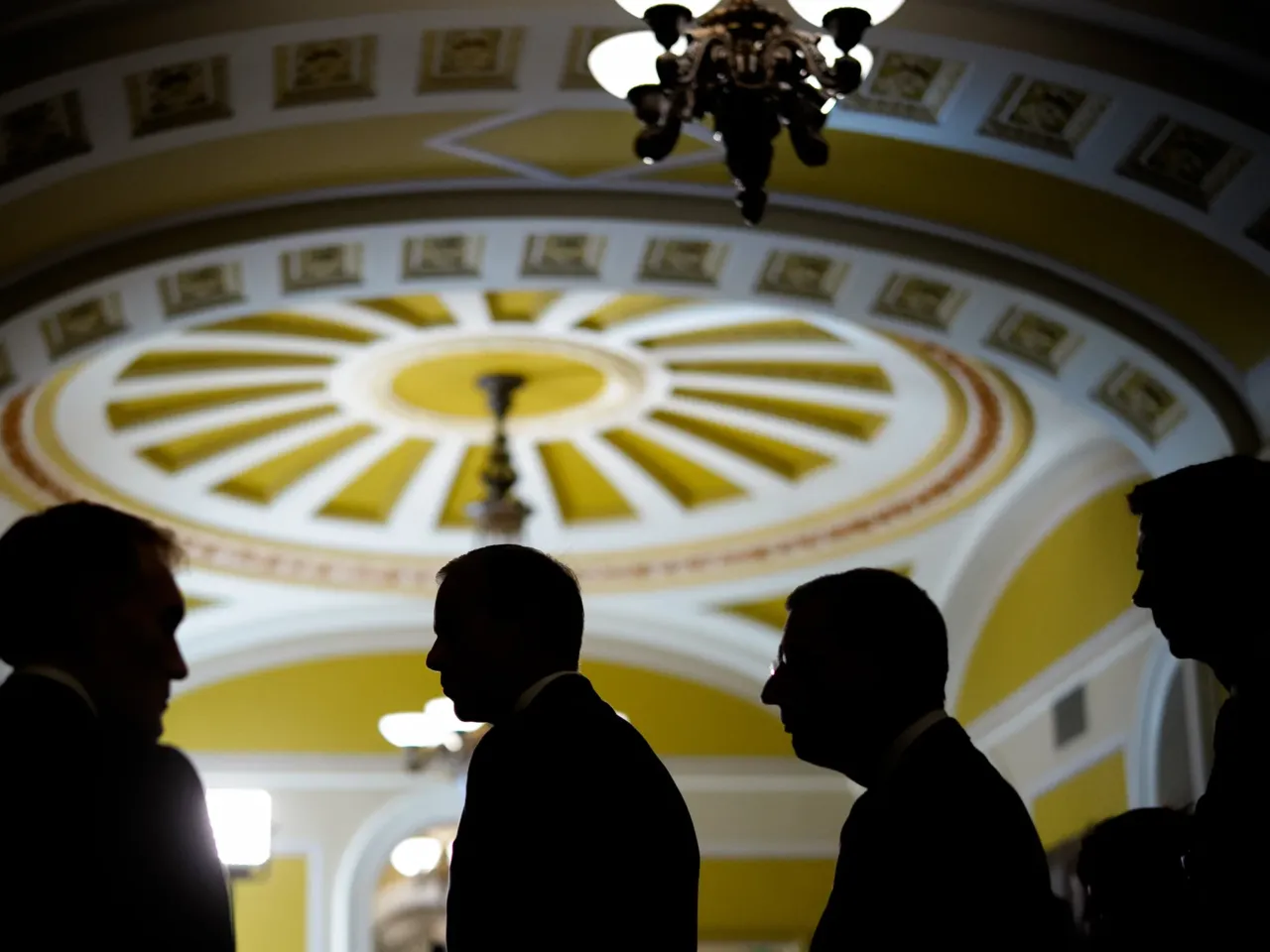 From left, Sen. James Lankford, R-Okla., Senate Majority Leader John Thune, R-S.D., Senate Majority Whip John Barrasso, R-Wyo., and Sen. Tom Cotton, R-Ark., step away from reporters following a Republican policy lunch at U.S. Capitol on Oct. 15, 2025.