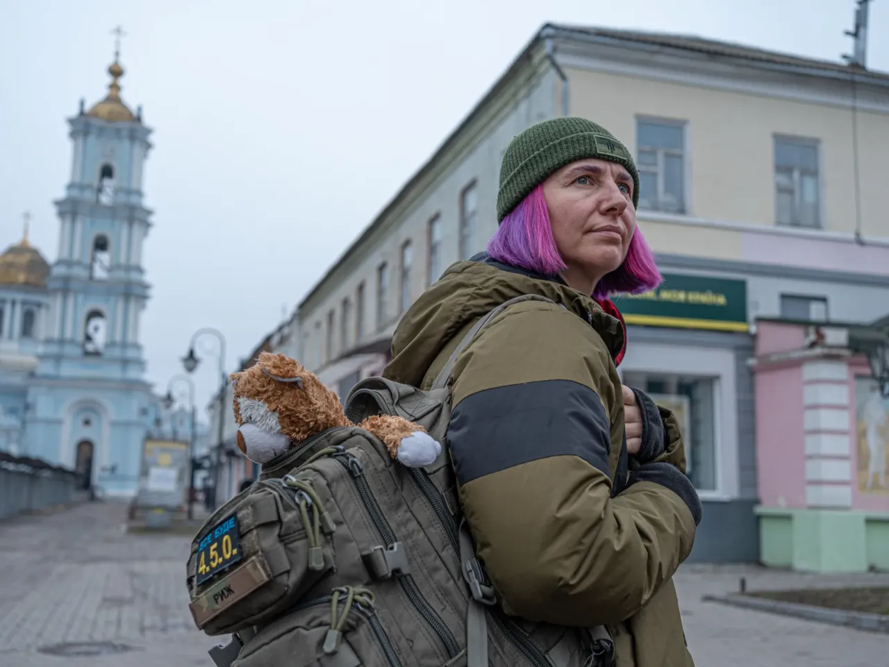 Combat medic Olena Ivanenko, 44, whose military call sign is "Ryzh," takes a break from the front line in the northeastern city of Sumy, Ukraine, earlier this year.
