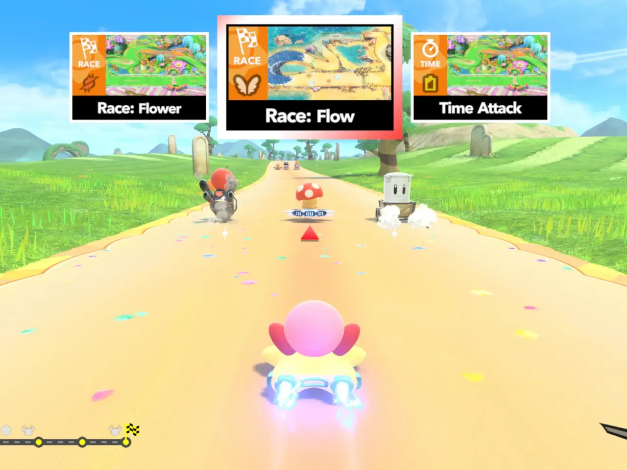 Kirby Air Riders is a radically simple alternative to racing classics like Mario Kart 3 Road Trip has players periodically choose between three challenges, each with its own reward.