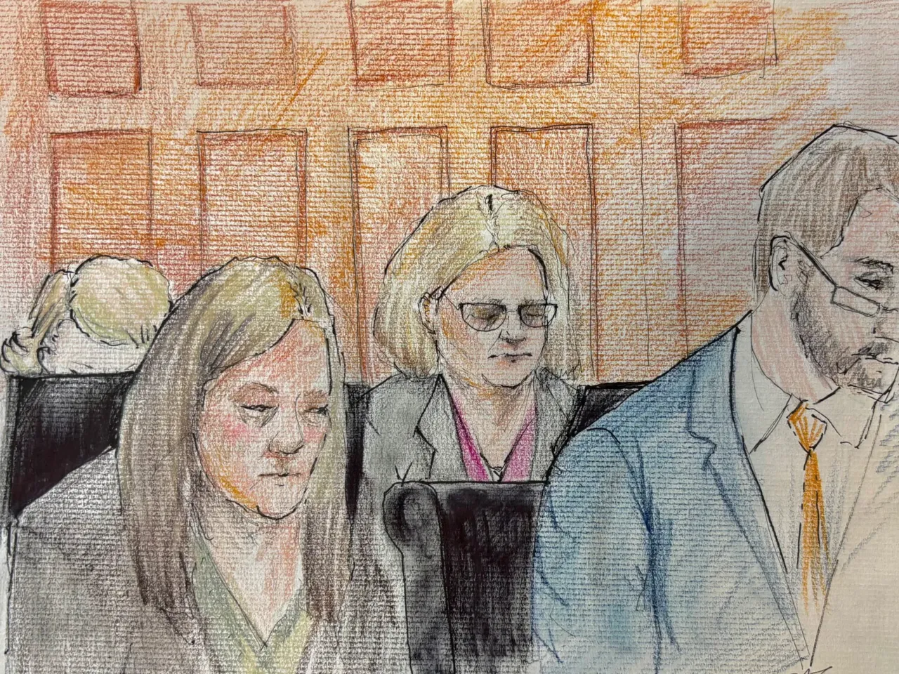 Milwaukee County Circuit Judge Hannah Dugan, center, depicted in a court sketch as jury selection in her trial begins in Milwaukee, Wis.