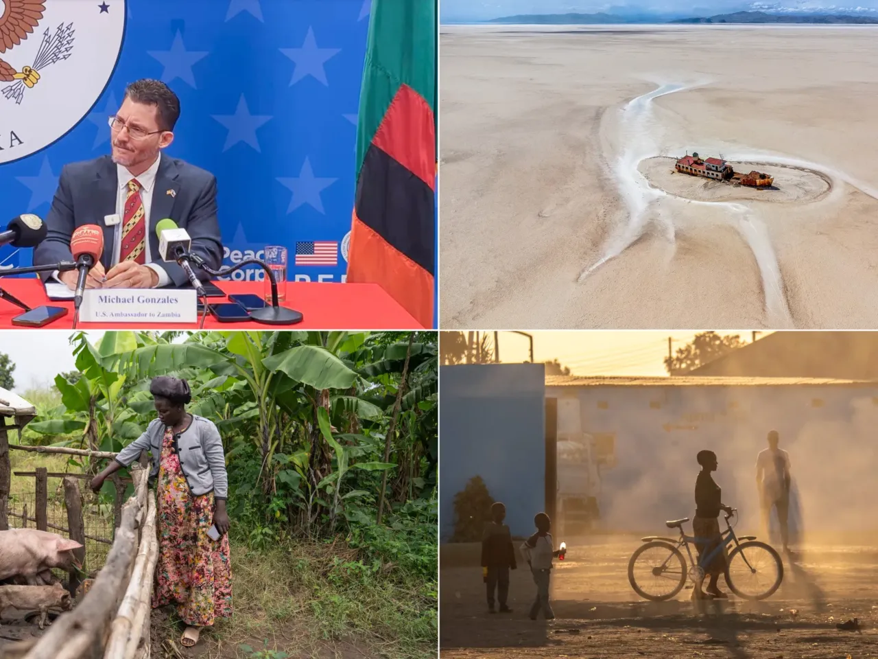 Clockwise from top left: Michael Gonzales, U.S. ambassador to Zambia, at the May press conference when he announced a cut of $50 million in aid for medications and medical supplies to the country. After 29 minutes, he was wiping away tears: "I've cried over this because I know that it's not going to be senior officials or the senior people ... who are going to hurt. I know it's going to be the poor family in rural Zambia whose baby gets malaria and they won't have access to antimalarials." A prize-winning drone photo captures the Artemia pleasure boat, marooned in the dried bed of Lake Urmia, Iran. A dusty street scene in Kabwe, Zambia. The town's dust is still heavily contaminated with lead after nearly 100 years of lead mining and smelting that eventually ceased in 1994. Lead poisoning continues to affect thousands. Florence Amungo, 34, a refugee from South Sudan, now lives at Palabek Refugee Settlement in Northern Uganda. Amungo was enrolled in a program to help people "graduate" from poverty — then found out the program was cut. She had hoped to raise pigs to support her household of 14 people — her husband, their five biological children and other children that she cares for.