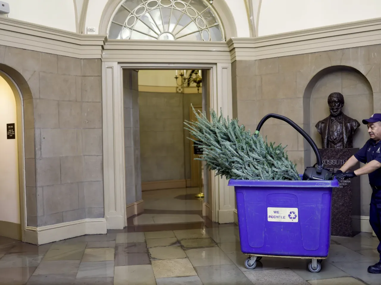 A staff member with the Architect of the Capitol carries a Christmas tree in a recycling bin through the U.S. Capitol in Washington, Dec. 23, 2022.