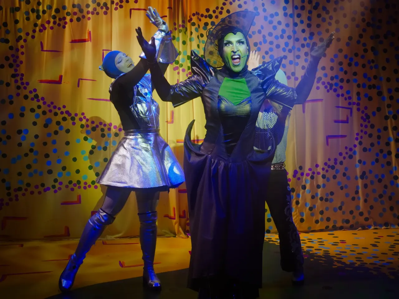 The Wicked Witch 'Adelphaba' (played by Gigi Zahir) on stage at the Pleasance Theatre in North London