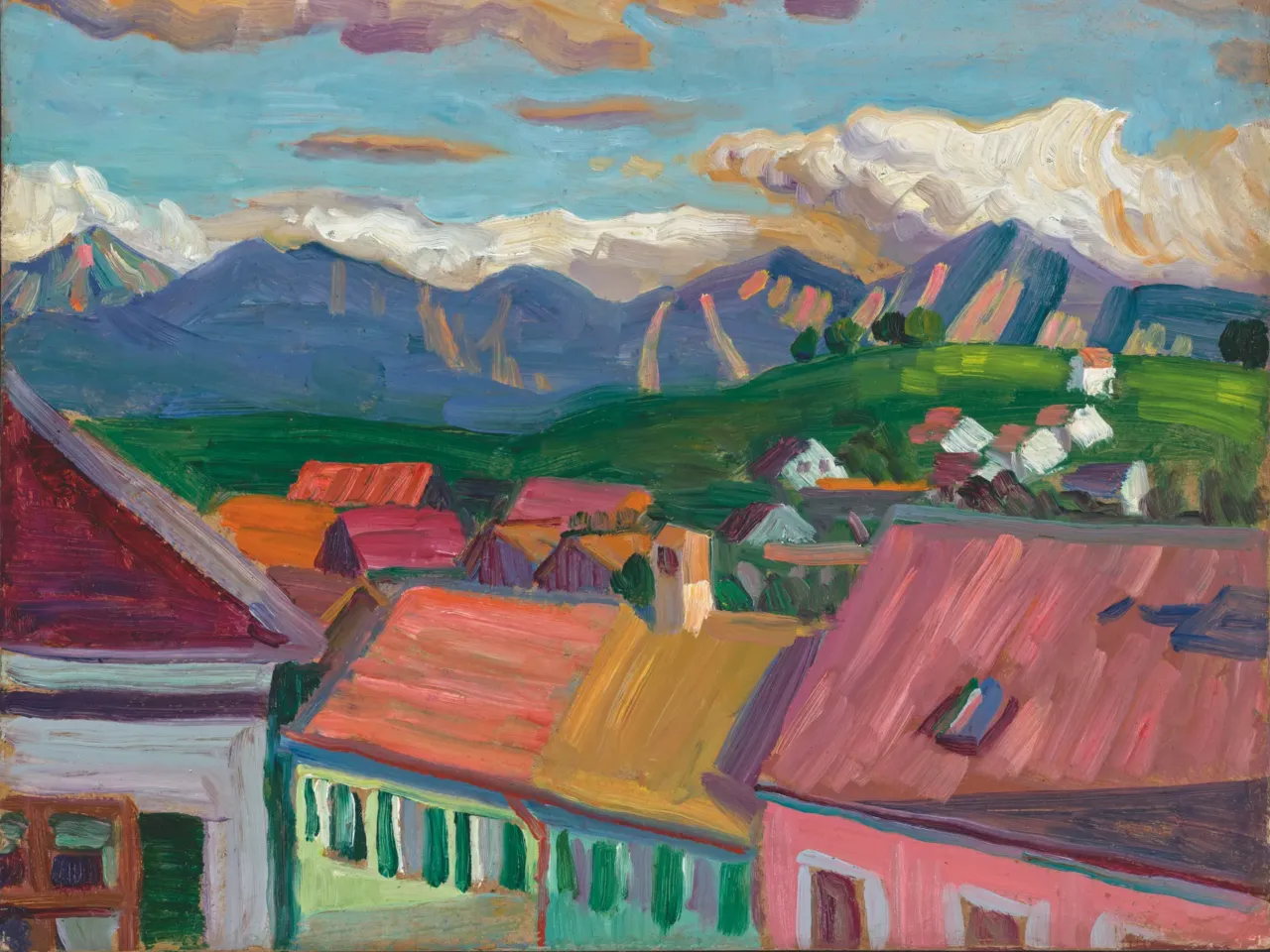 Gabriele Münter's From the Griesbräu Window (Vom Griesbräu Fenster), 1908. Painting on board. (© 2025 Artists Rights Society (ARS), New York/VG Bild-Kunst, Bonn)