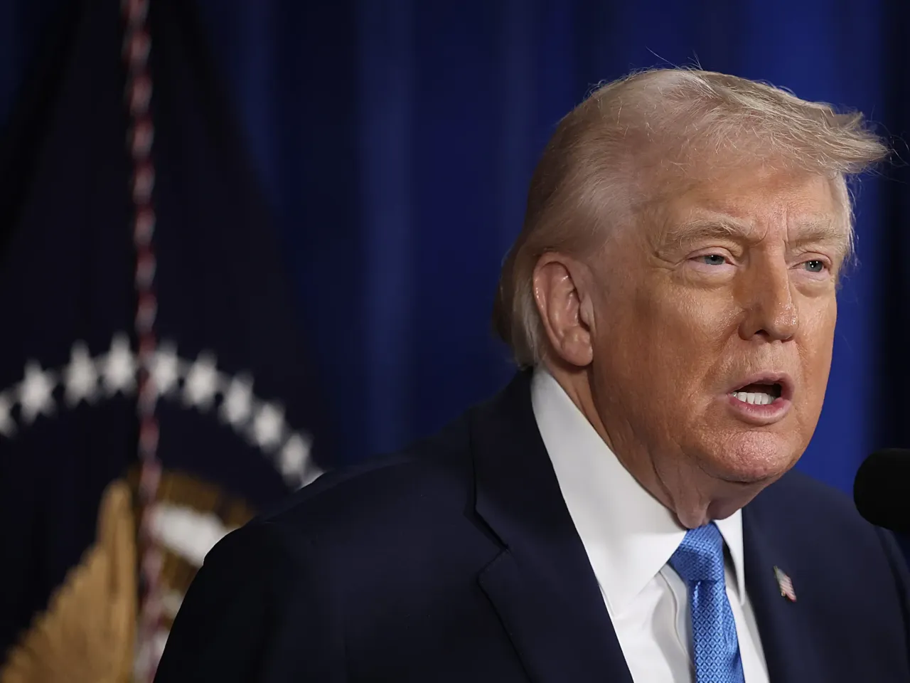 President Trump addresses the media during a news conference Saturday in Palm Beach. Trump confirmed that the United States military carried out a large-scale strike in Caracas overnight, resulting in the capture of Venezuelan leader Nicolás Maduro and his wife, Cilia Flores.