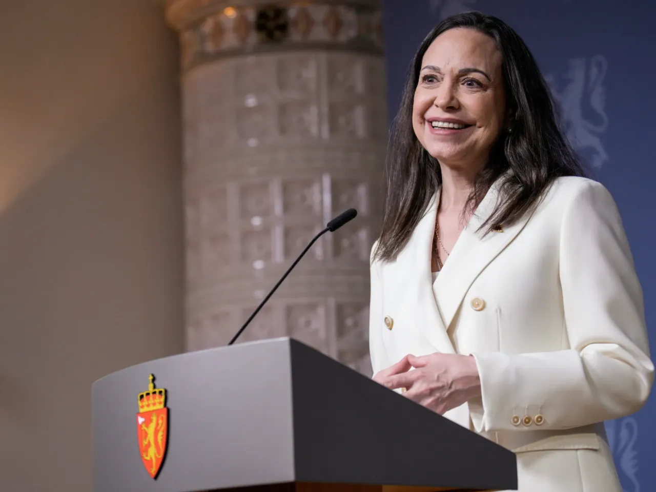Nobel Peace Prize laureate María Corina Machado speaks during a press conference at the government's representative facilities in Oslo, Norway, Thursday, Dec. 11, 2025.