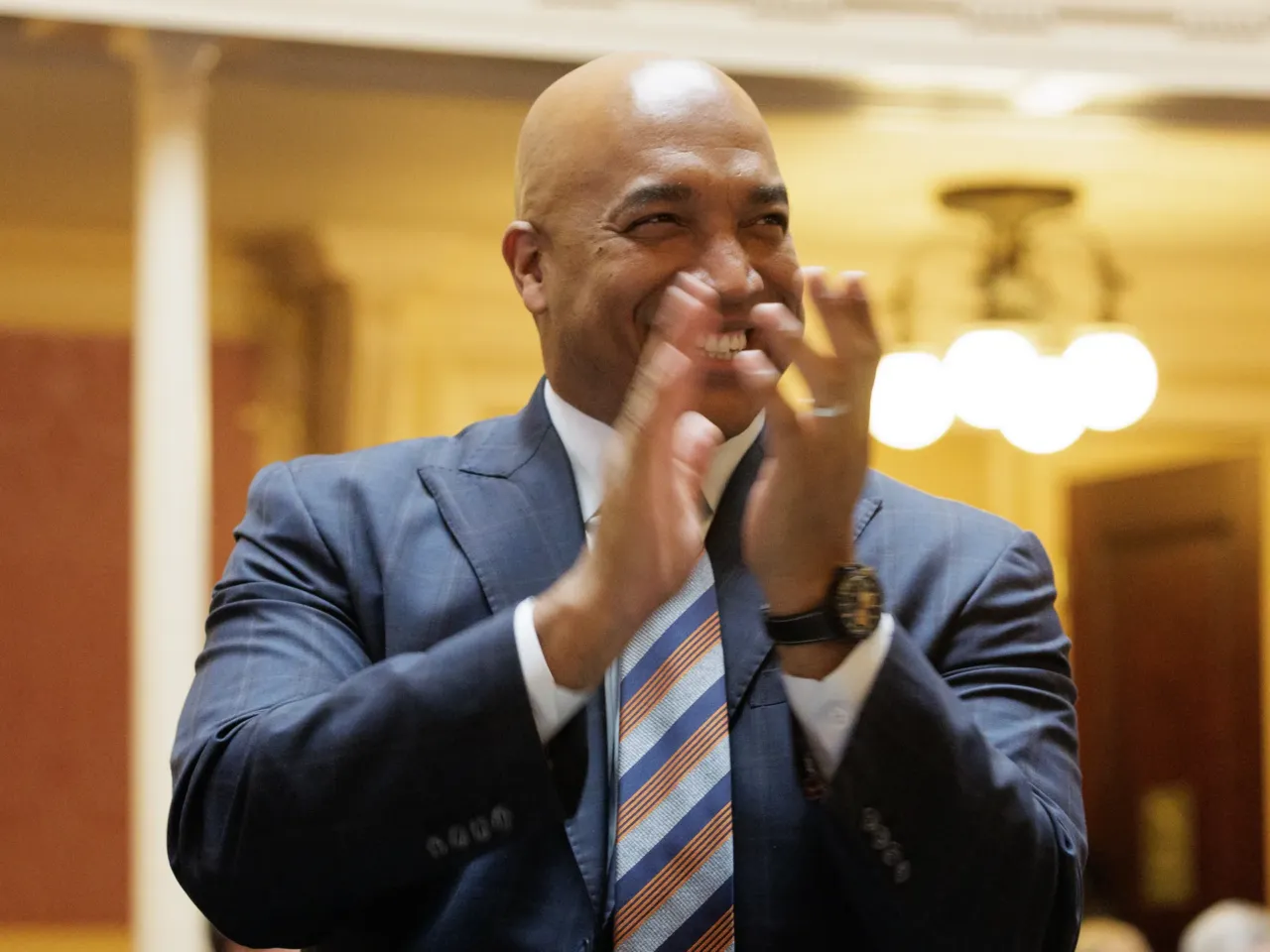 Del. Mike Jones (D–Richmond) applauds as Virginia House Speaker Don Scott (D–Portsmouth) gives remarks during the first day of the General Assembly session on Wednesday, January 10, 2024, in Richmond.