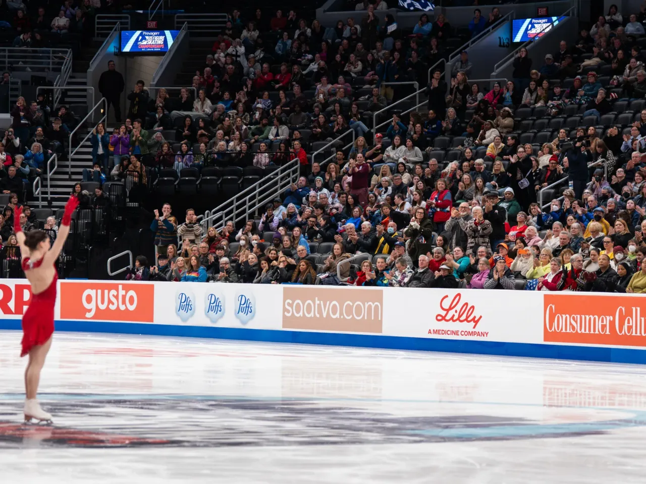 Isabeau Levito, of SC of Southern New Jersey, waves to thousands after performing in the women's short program during the 2026 U.S. Figure Skating Championships at the Enterprise Center on Wednesday, Jan. 7, 2026, in St. Louis. Levito would go on to win the silver medal in the women's final.