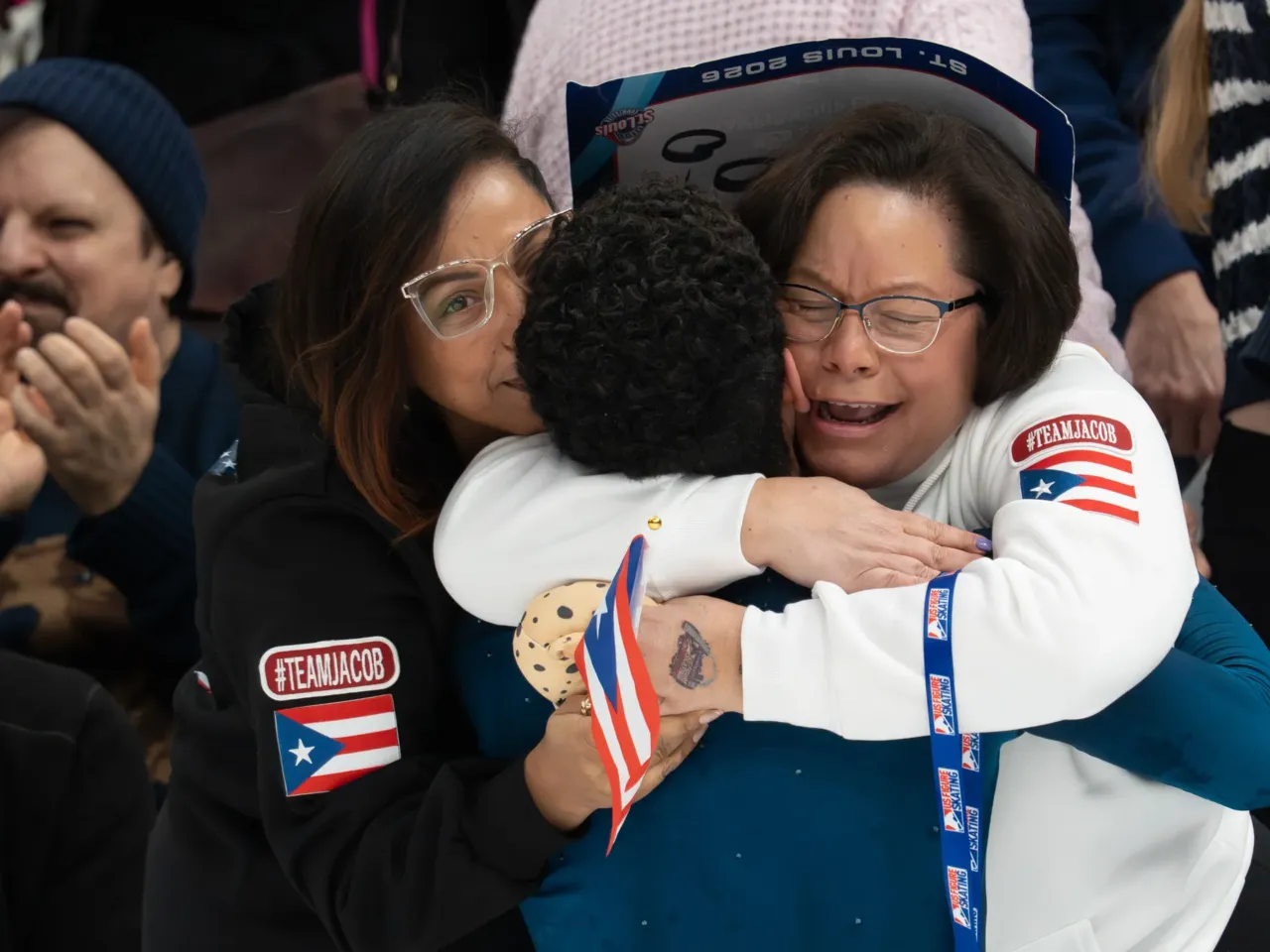 Jacob Sanchez embraces fans and family after competing in the men's free skate during the 2026 U.S. Figure Skating Championships at the Enterprise Center on Saturday, Jan. 10, 2026, in St. Louis' Downtown West neighborhood. Sanchez took the pewter medal in the contest.