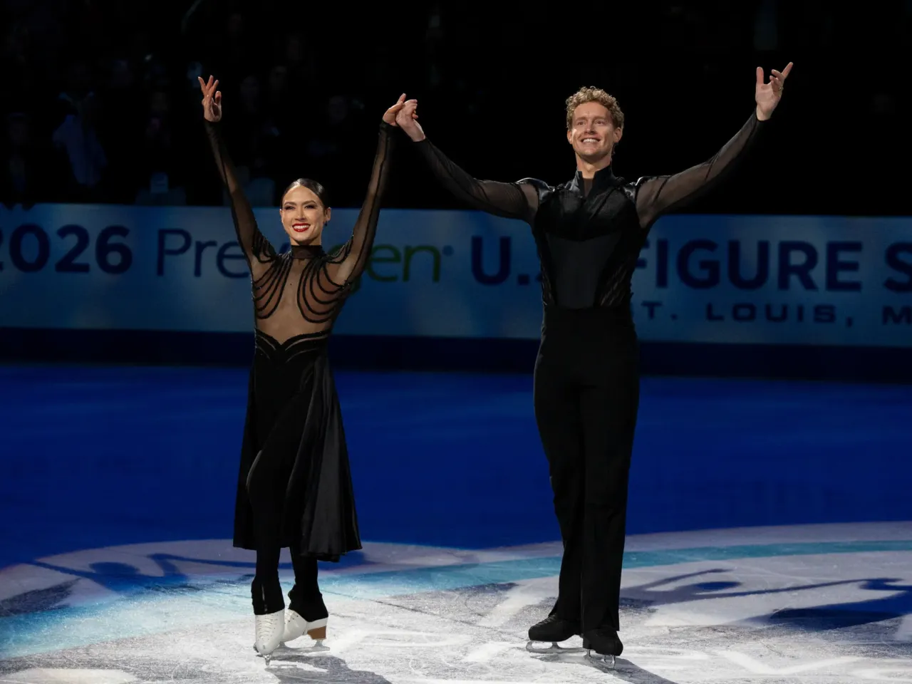 Madison Chock and Evan Bates celebrate winning gold in ice dance at the 2026 U.S. Figure Skating Championships on Saturday, Jan. 10, 2026, at the Enterprise Center in St. Louis.