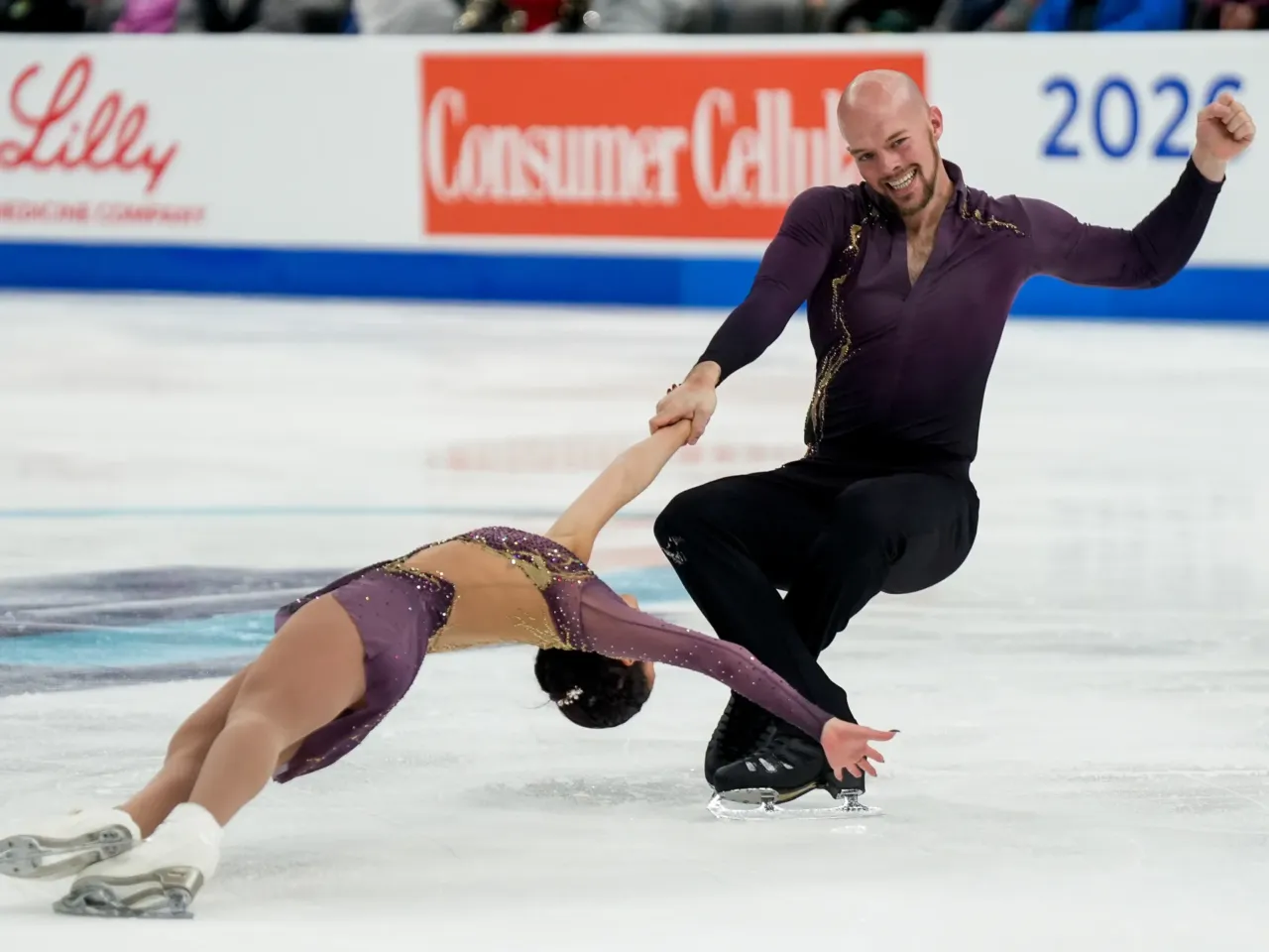Ellie Kam, of Thunderbirds FSC, and Danny O'Shea, of SC of New York, compete in the pairs short program during the 2026 U.S. Figure Skating Championships at the Enterprise Center on Wednesday, Jan. 7, 2026, in St. Louis' Downtown West neighborhood. The pair would go on to win the silver medal in the final.