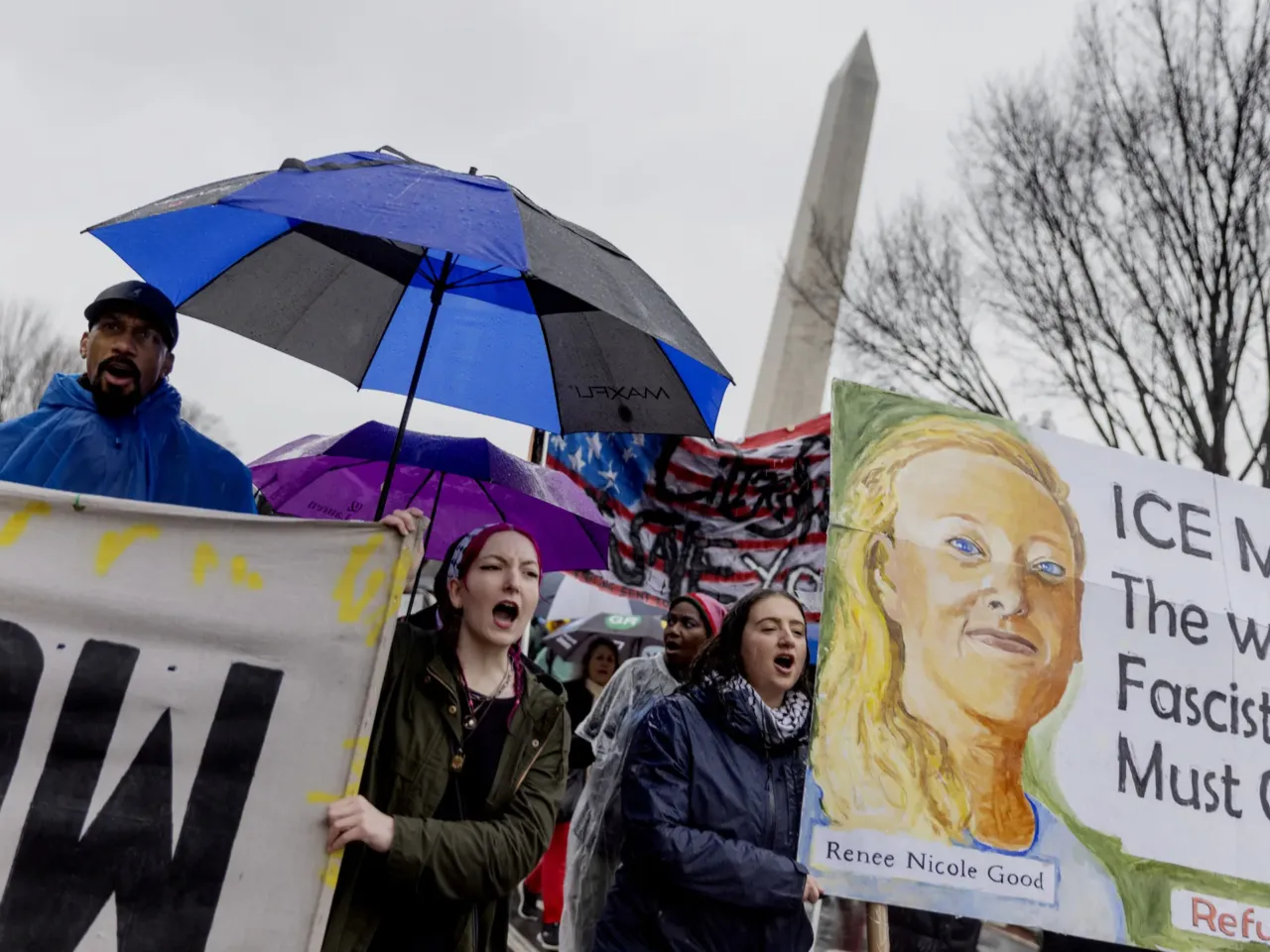 Demonstrators gather near the White House for an anti-ICE protest on Saturday, Jan. 10, 2026 in response to the recent shooting death of Renee Macklin Good.