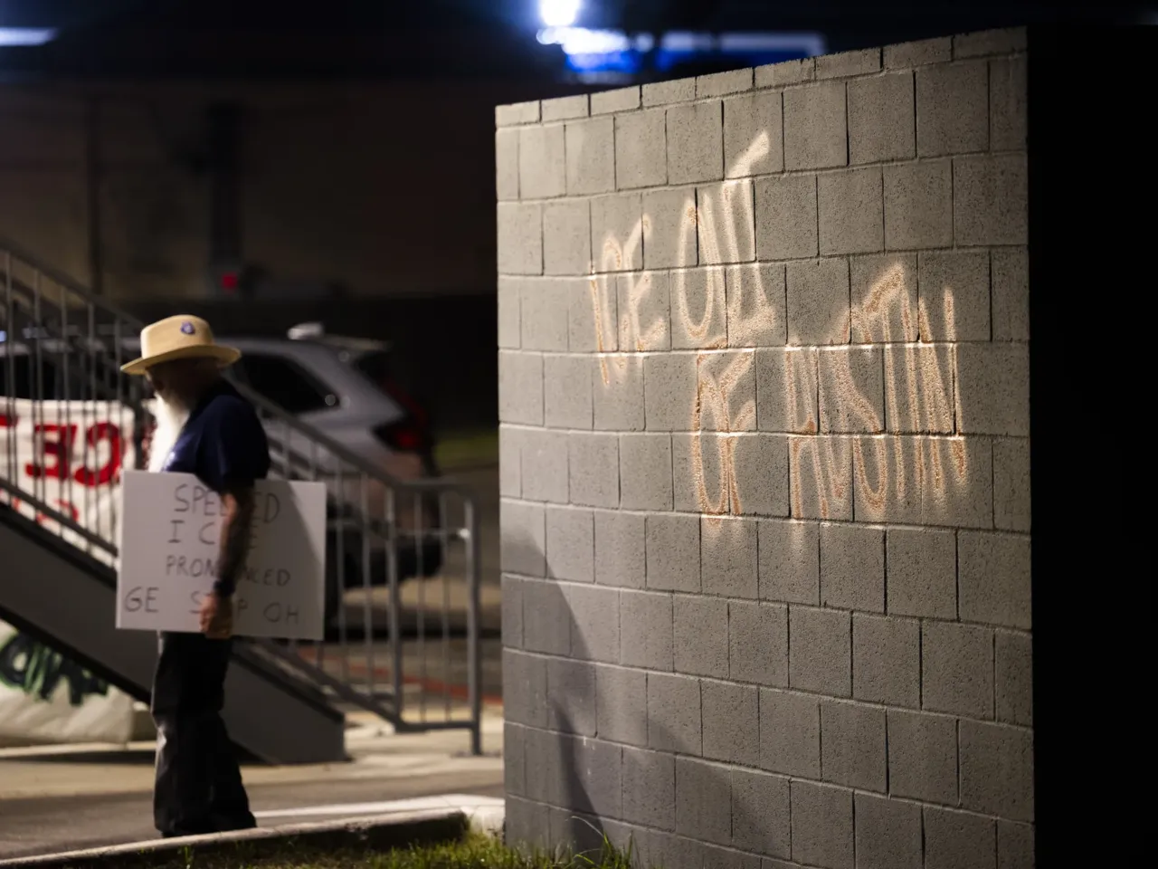 Spray painted messages appeared outside the U.S. Department of Homeland Security building in Pflugerville, Texas on January 8, 2026. The protest, preceded by one organized by the Austin chapter of the Party for Socialism and Liberation, came after ICE agents shot and killed Renee Macklin Good in Minneapolis, Minnesota.