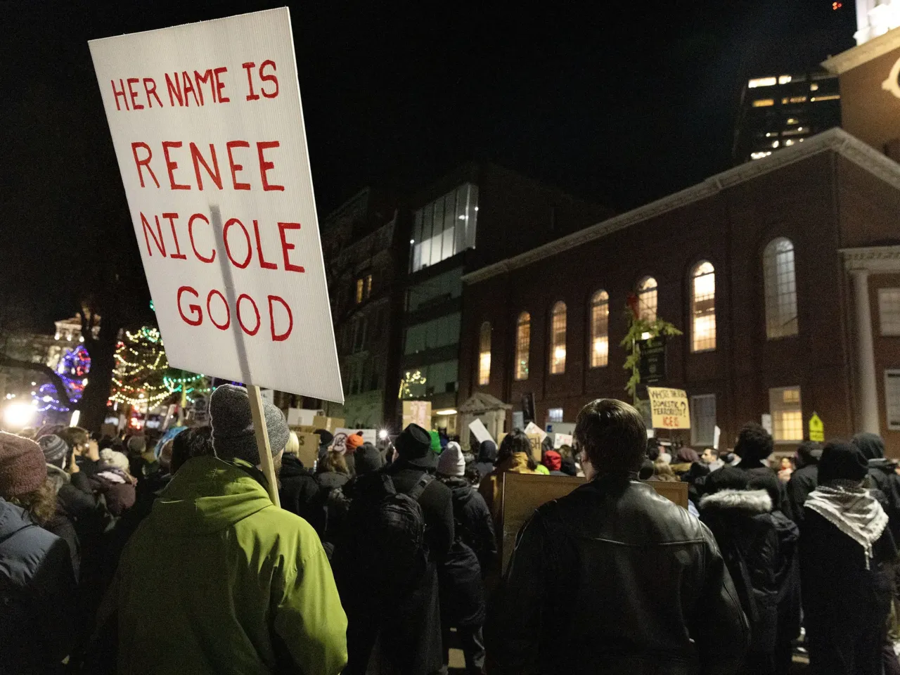 Demonstrators gather at Park Street in Boston on Jan. 8 to protest the fatal shooting of Renee Macklin Good by an ICE agent in Minneapolis.